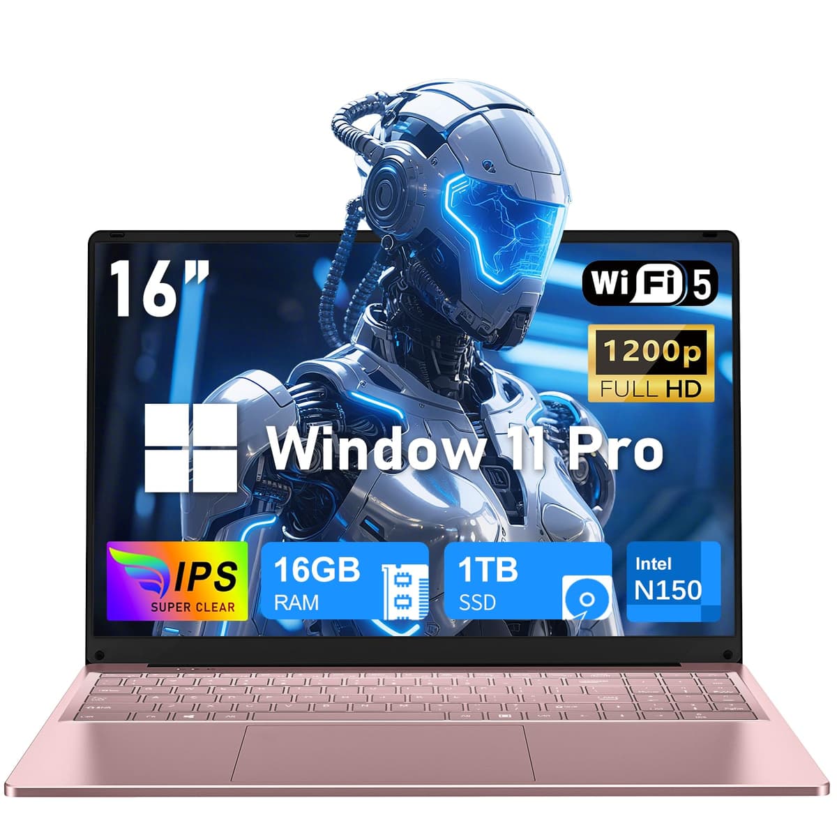 NIAKUN Laptop para Gaming, Computadora Portátil Windows 11 Pro 2026, 16 GB RAM 1 TB SSD, Procesador Intel N150, Teclado Retroiluminado, Pantalla FHD de 16", Office 365, Batería 6000 mAh, Webcam, Para Negocios y Estudiantes, Rosa NY-08