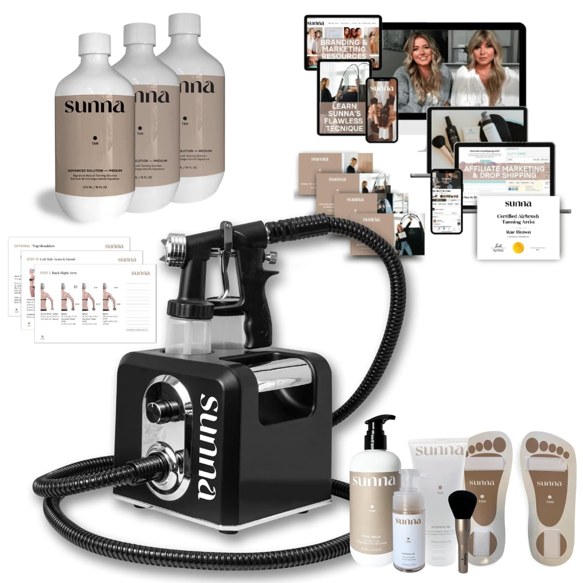 Spray Tan Pro Package by SunnaTan - paquete profesional con pistola HVLP, soluciones, accesorios y curso de formación