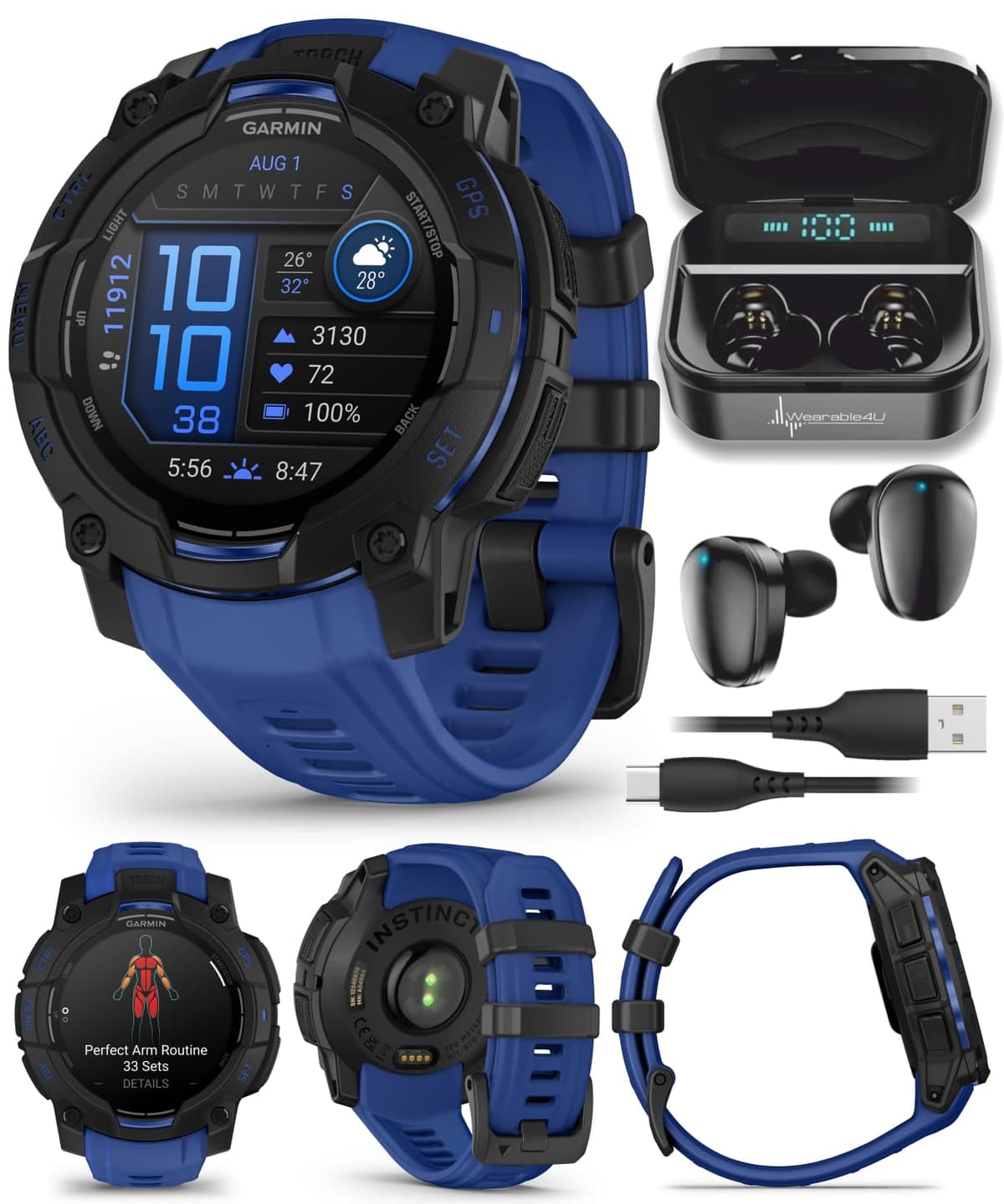 Garmin Instinct 3 Reloj Inteligente GPS para Exteriores Resistente - 45 mm AMOLED, Colección Supernova, Edición Limitada, Seguimiento de Salud y Fitness, Linterna Integrada, Azul Rayo/Negro con Auriculares Wearable4U Negros incluidos TWS X7