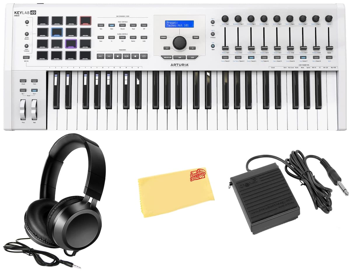 Arturia KeyLab 49 MkII MIDI Keyboard Controller - White Bundle con audífonos, pedal de sustain y paño pulidor AUS-230622-COMBO-DLX
