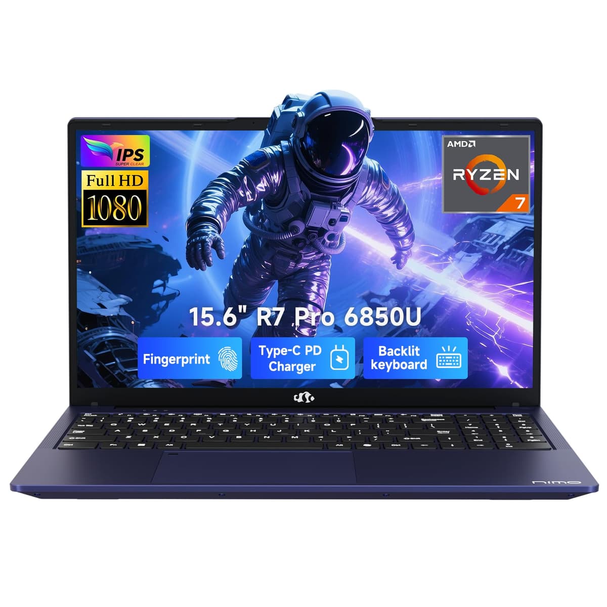 NIMO Laptop para juegos ligero 15.6", AMD Ryzen 7 Pro 6850U 8 núcleos hasta 4.7 GHz, 32GB LPDDR5 RAM, 1TB SSD, GPU AMD Radeon 680M, pantalla FHD IPS, carga rápida Type-C 100W, teclado retroiluminado, lector de huellas ARN21B