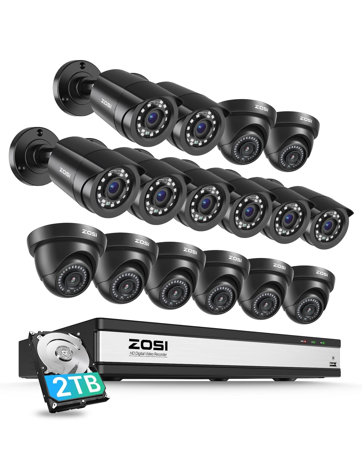 ZOSI 3K Lite Sistema de cámaras de seguridad 16 canales con detección AI de personas y vehículos, visión nocturna, 16 cámaras cableadas CCTV 1080p para interior/exterior, DVR de vigilancia H.265+ de 16 canales con HDD de 2 TB para grabación 24/7 16FKA-106B8X419B8S-20-US