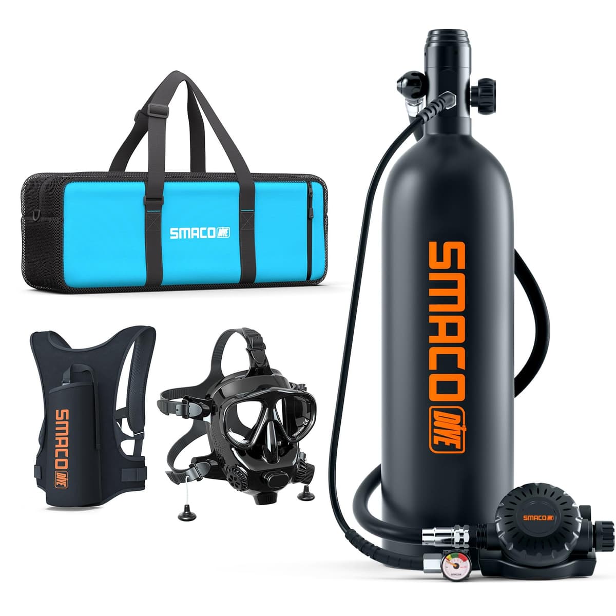 SMACO Mini Tanque de buceo 1.9L S700 con chaleco manos libres y estuche portátil, Negro smacosports-s700-lh-sm-0002-gn