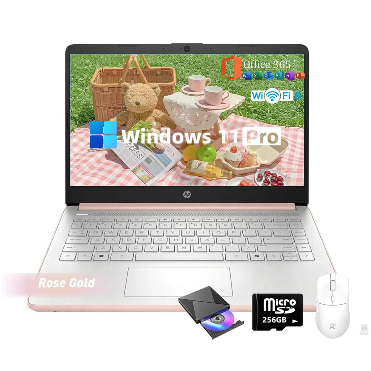 HP 2025 Flagship Portátil 14, 16GB RAM, 384GB Almacenamiento (128GB UFS + 256GB MSD), Windows 11 Pro, 1 Año Office 365, Tecla Copilot, Wi-Fi 6, Intel N150, Pantalla LED 14" 250 nits, Rosa Dorado N-Series