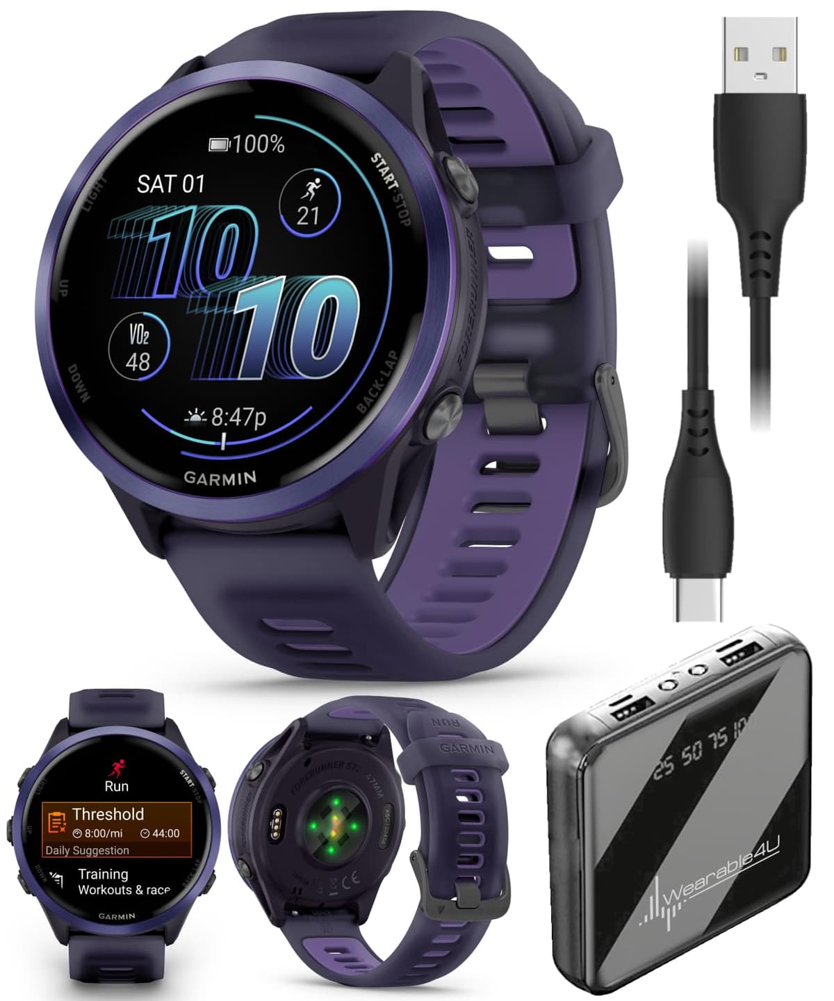 Garmin Forerunner 570 47 mm Reloj Inteligente Avanzado para Correr y Triatlón con GPS, Pantalla AMOLED, Entrenamiento y Recuperación, Aluminio Índigo con Correa Translúcida Púrpura Imperial/Índigo con Paquete Wearable4U PowerBank