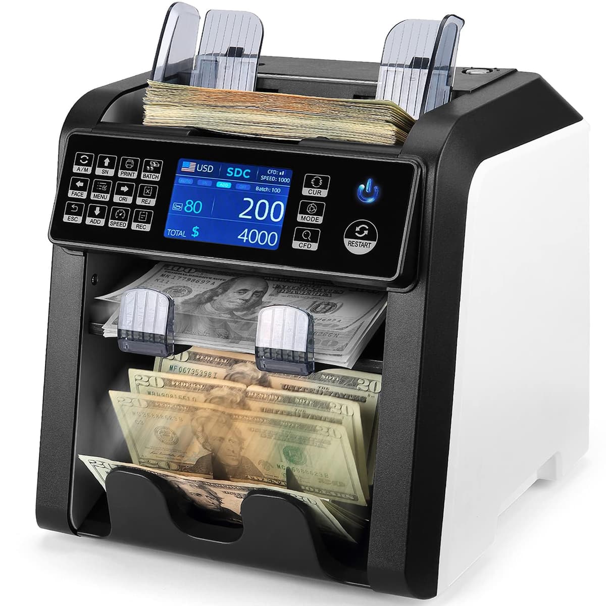 MUNBYN IMC08 Dual Money Counter Machine - Contadora y Clasificadora de Billetes Mixtos con Detección de Falsos y Bolsillo de Rechazo ST-IHC015-US
