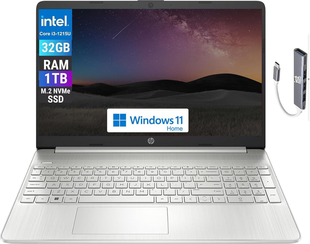 HP 15 Portátil (Pantalla HD de 15.6", Intel Core i3-1215U (> i5-1235U), 32 GB RAM, 1 TB SSD) Home & Business, Batería 10.75 h, Teclado numérico, Cámara web, Wi-Fi, IST Hub, Windows 11 Home en Modo S