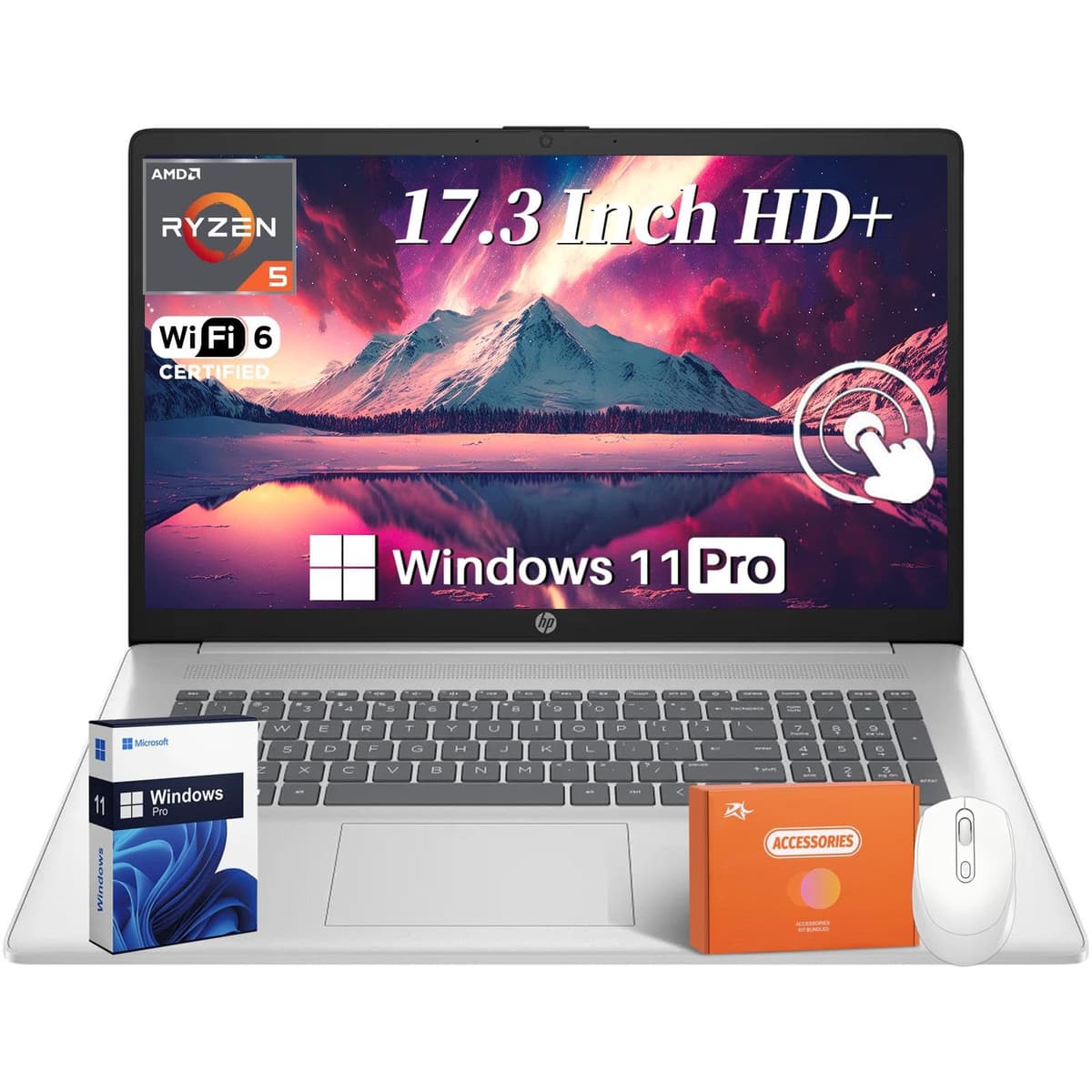 HP Laptop empresarial táctil de 17.3", pantalla HD+ táctil antirreflejo, AMD Ryzen 5 7530U (6 núcleos, hasta 4.5 GHz), 64 GB RAM, SSD de 2 TB, Wi-Fi 6, Bluetooth 5.3, Windows 11 Pro, kit de accesorios HP 17.3 Touchscreen Laptop