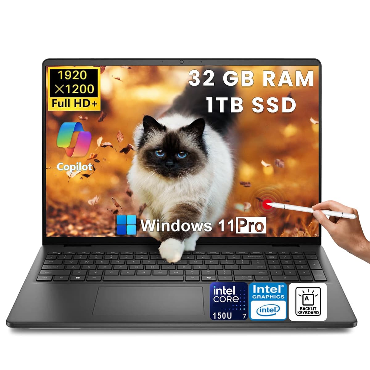 Laptop táctil Dell 16 - Intel 10 núcleos 7 150U, 32 GB RAM DDR5, 1 TB SSD, 16" FHD+ antirreflejo, Copilot AI, teclado retroiluminado, Windows 11 Pro, para empresas y estudiantes Dell Inspiron 16 business laptop