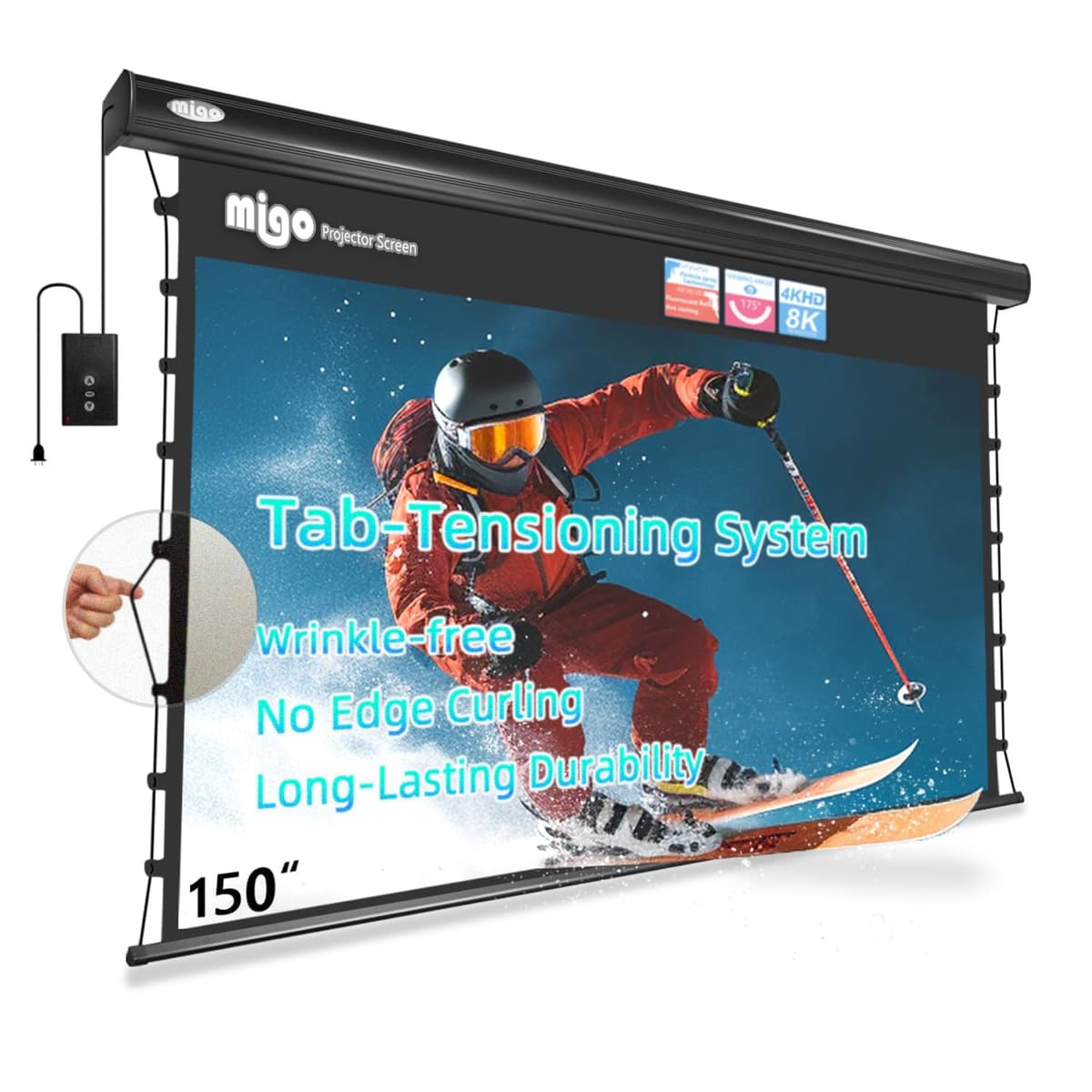 MIGO Pantalla motorizada 150" Tab-Tension Grey Crystal 4K con control remoto y carcasa negra MIGO-TAB-ALR-GREY-169-150-B-FBA0322