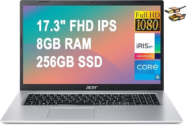 Acer Aspire 3 17 Laptop empresarial de 17.3 pulgadas, FHD IPS ComfyView Display Intel Quad-Core i5-1135G7 (Beats i7-10710U) 8GB RAM 256GB SSD Intel Iris Xe Graphics Webcam Win10 Silver + cable HDMI