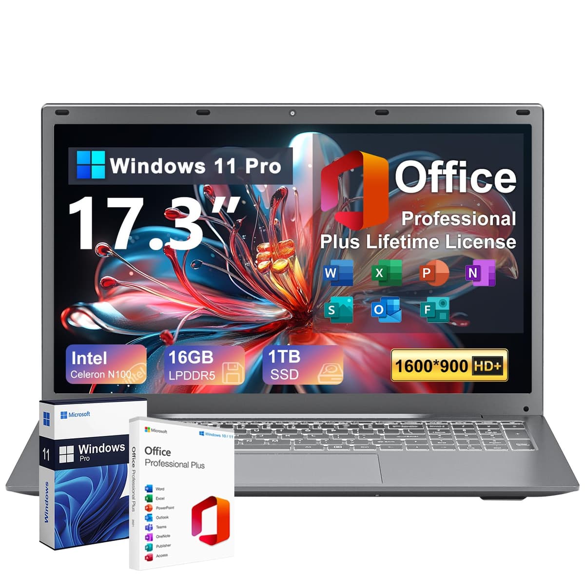Gina Joyfurno Portátil 2025 17 17.3 pulgadas HD+ para estudiantes y negocios, 16GB DDR5 RAM, 1TB SSD, Intel 4 núcleos N100 (mejor que i3-1115G4, hasta 3.4GHz), teclado retroiluminado, huella digital, Type-C, MS Office, Windows 11 Pro Gina Joyfurno 17 N100 Laptop