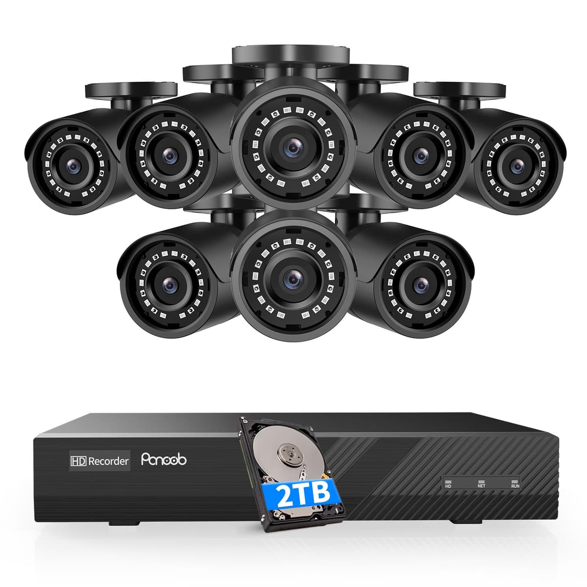 PANOOB Sistema de Cámaras de Seguridad 8 Canales, 8x Cámaras Bullet IP PoE 5MP para Exterior con Detección Humana por IA, Acceso Remoto, Micrófono Integrado, NVR PoE 4K 8CH con HDD 2TB, PB37F30808-5M