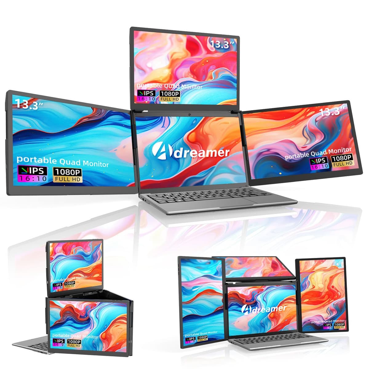 ADREAMER Aire13S - Extensor triple de pantalla portátil 13.3" para laptop (compatible 11.6"-16"), 1920x1200 IPS 16:10, 1 cable para 3 pantallas