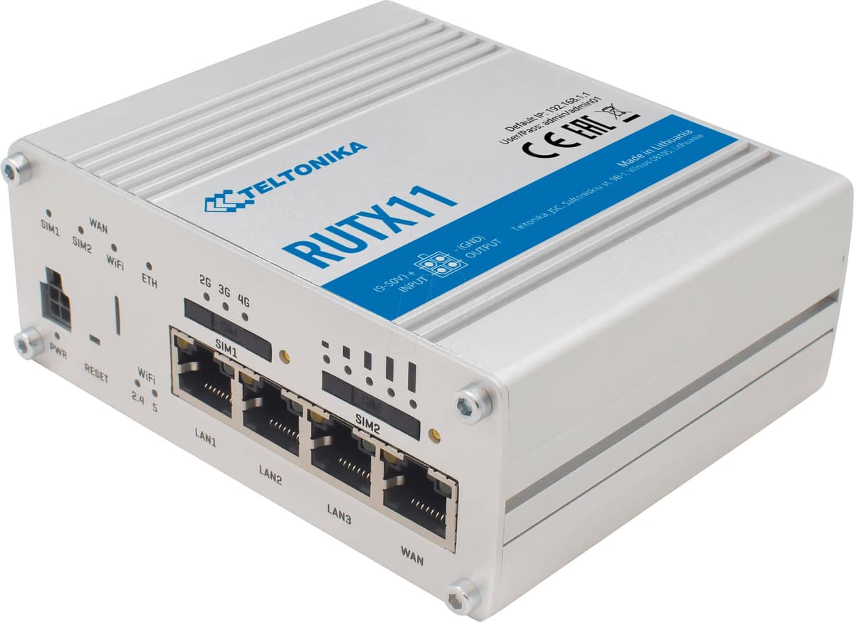 Teltonika RUTX11 Dual-SIM, 4 puertos Gigabit Ethernet, WiFi AC de doble banda, Bluetooth LE y router LTE con USB - RUTX11110400