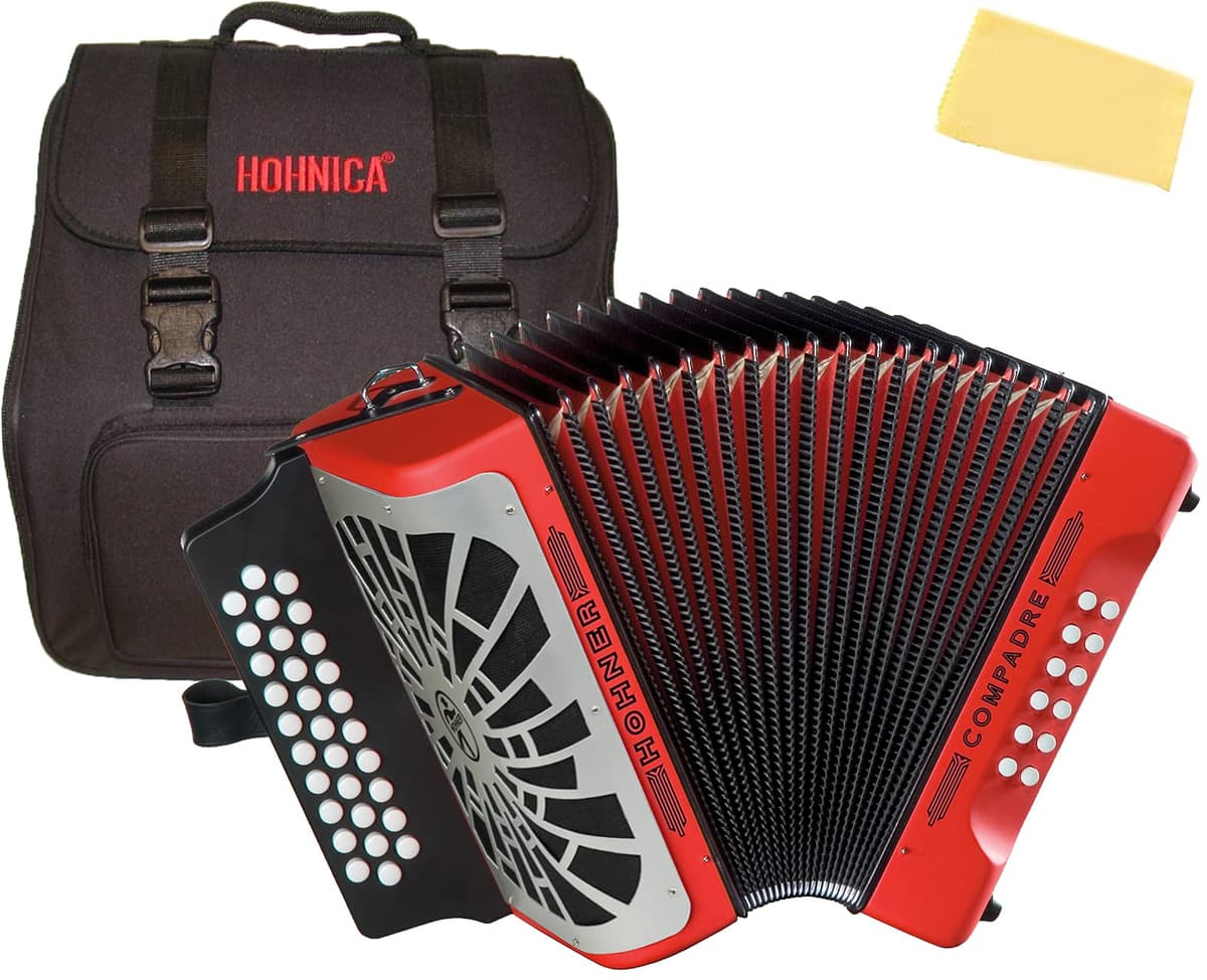 Hohner Compadre GCF acordeón diatónico de 3 hileras con funda y paño pulidor - rojo AUS-COGR-N-COMBO-STD-1