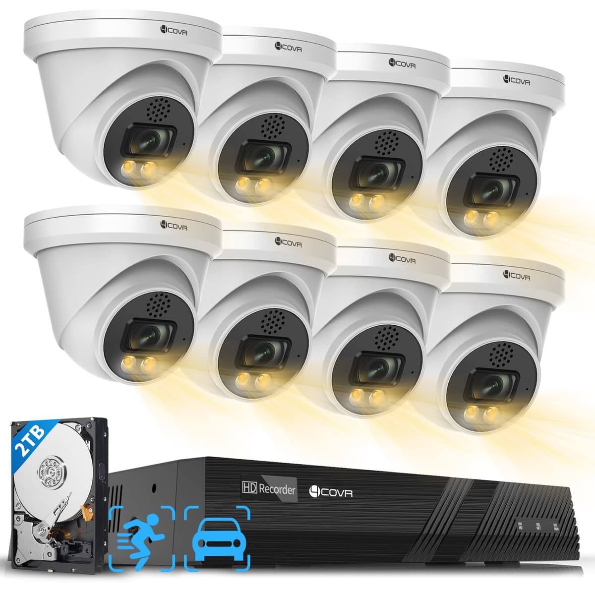 Forcovr Sistema de Cámaras de Seguridad 4COVR PoE, Audio Bidireccional y Visión Nocturna a Color Inteligente, 8 Cámaras Dome IP 5MP IP67, NVR H.265 4K 8CH con HDD 2TB, Detección AI de Personas y Vehículos, Grabación 24/7, LY97KA5M0808