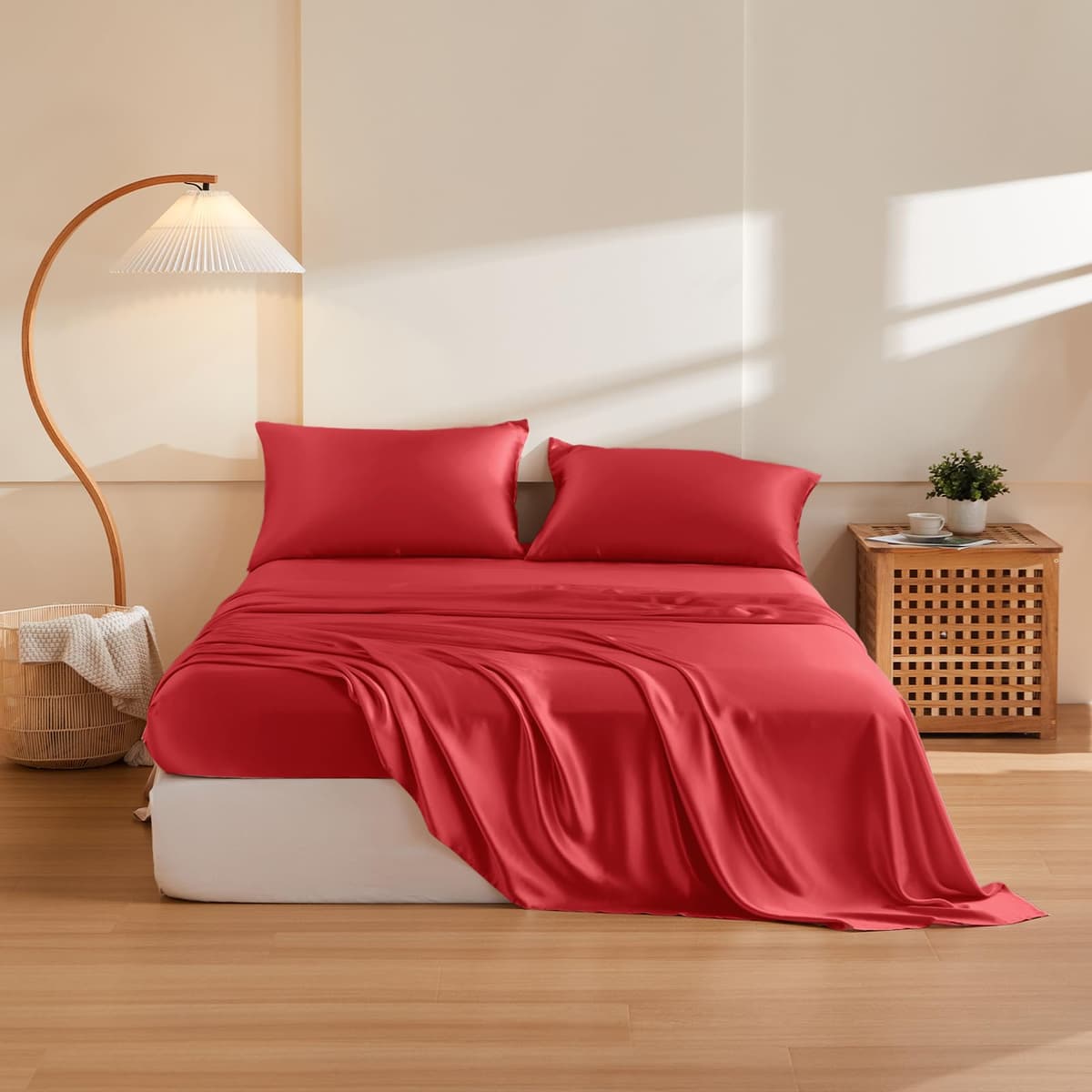 THXSILK Juego de Sábanas de Seda 100% Morera 5 Piezas 19 Momme (Split King, Red)