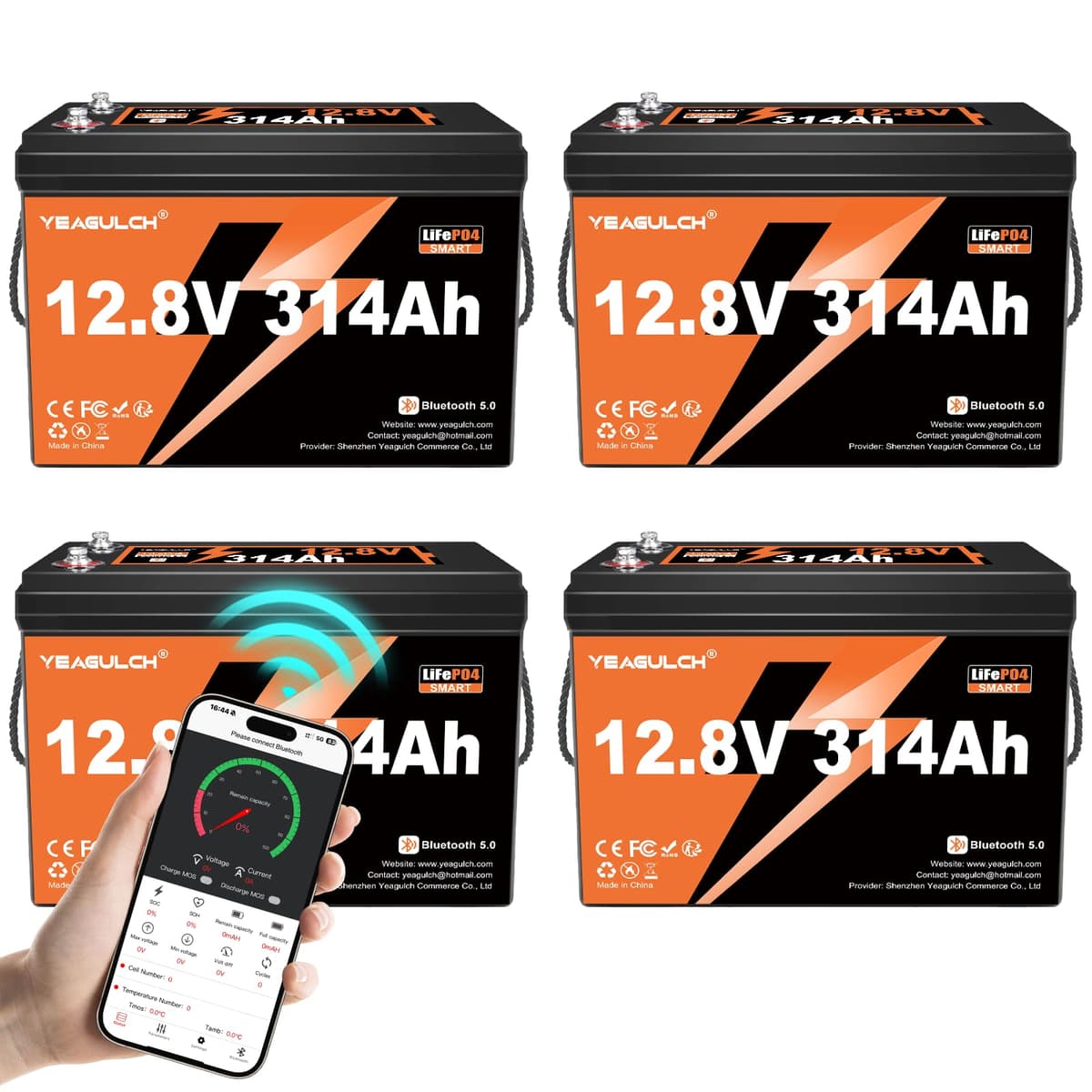 yeagulch 4x Batería LiFePO4 12V 300Ah (314Ah) Bluetooth con BMS 200A 4019.2Wh YS95414