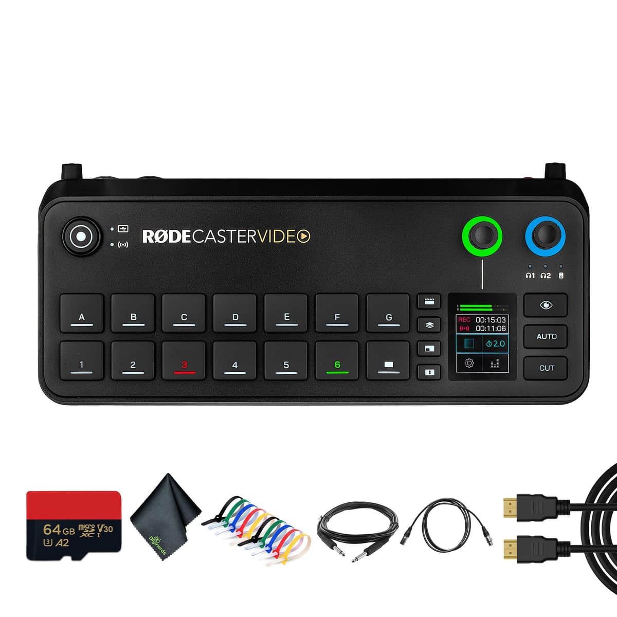 Bundle RODECaster Video + 64GB microSD + cables y accesorios para producción de video y audio RCV_AG9_1