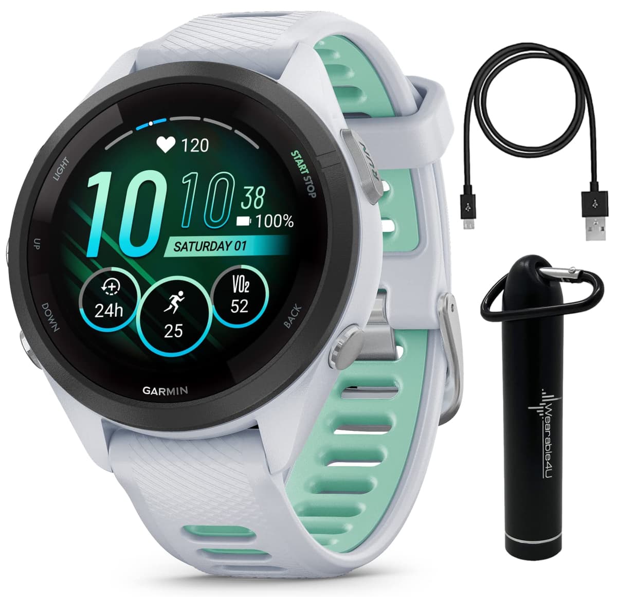 Wearable4U Garmin Forerunner 265S Music GPS Running Smartwatch 42 mm, Whitestone con pantalla táctil AMOLED de 1,1 pulgadas E-Bank Bundle wa001