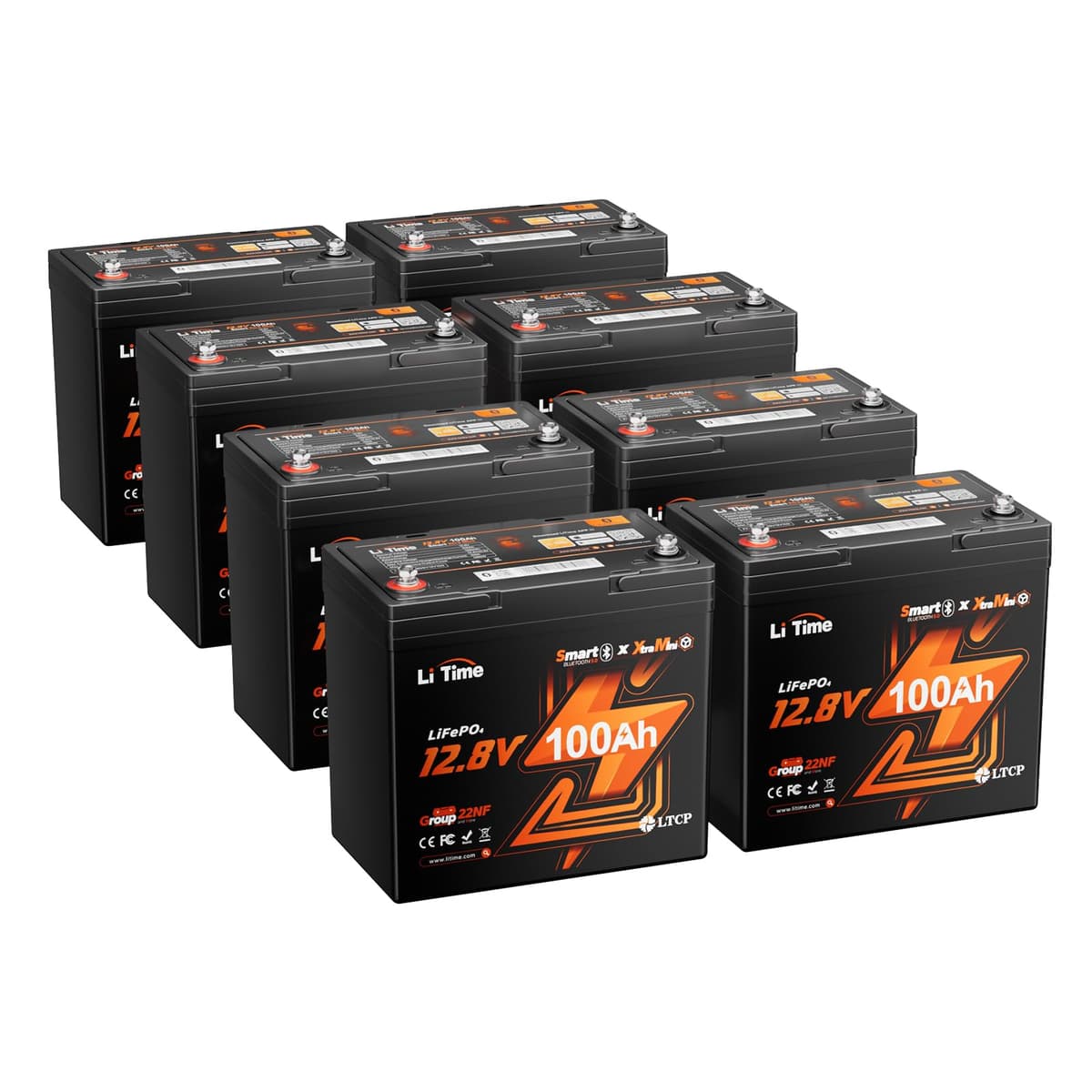 LiTime Batería LiFePO4 12V Xtra-Mini Bluetooth - Group 22NF, 1280Wh (Paquete de 8) L12V100-100-Mini-16-A60-Pack8