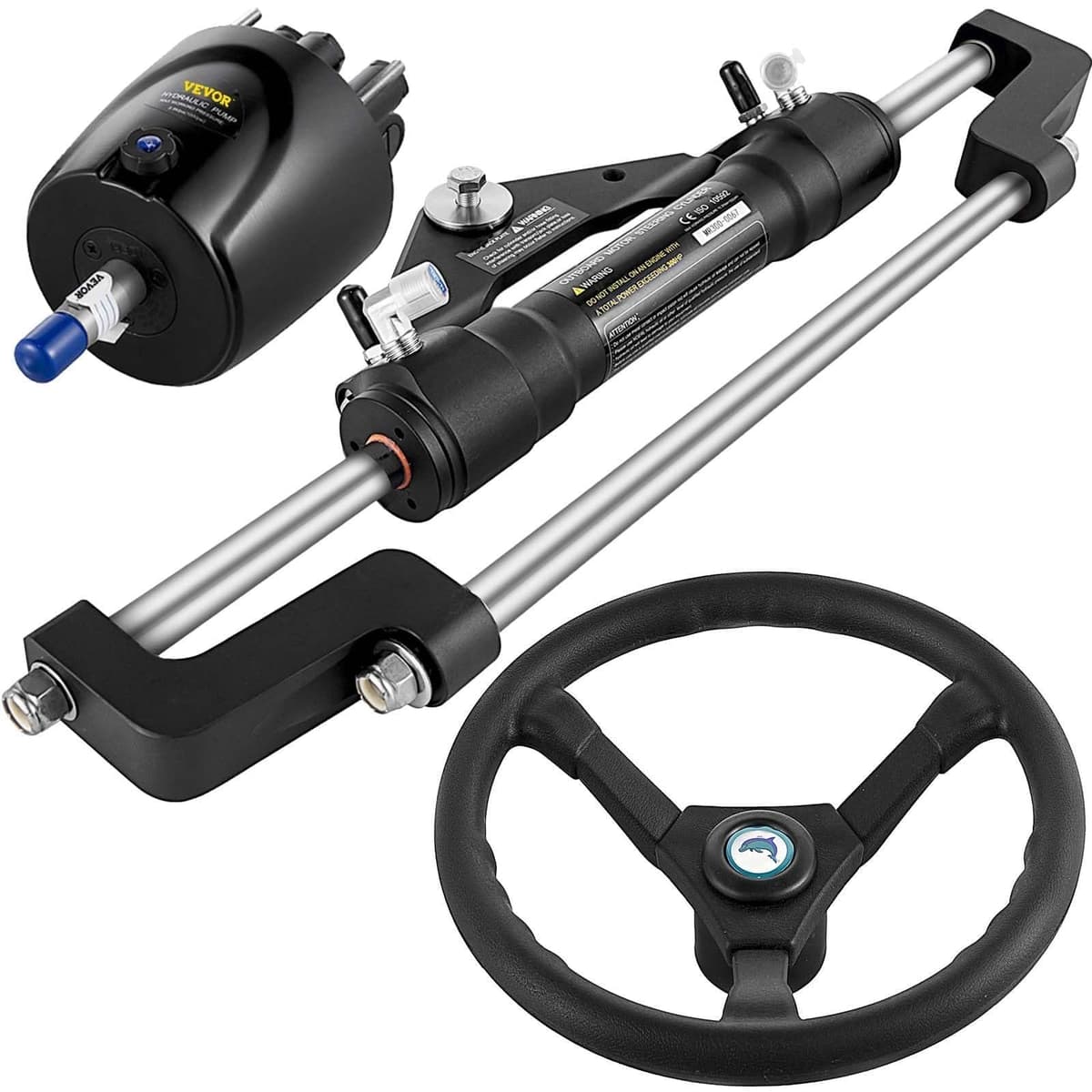 VEVOR Kit de dirección hidráulica para fuera de borda 300HP, bomba de timón, volante 13.5", color negro Hydraulic Steering