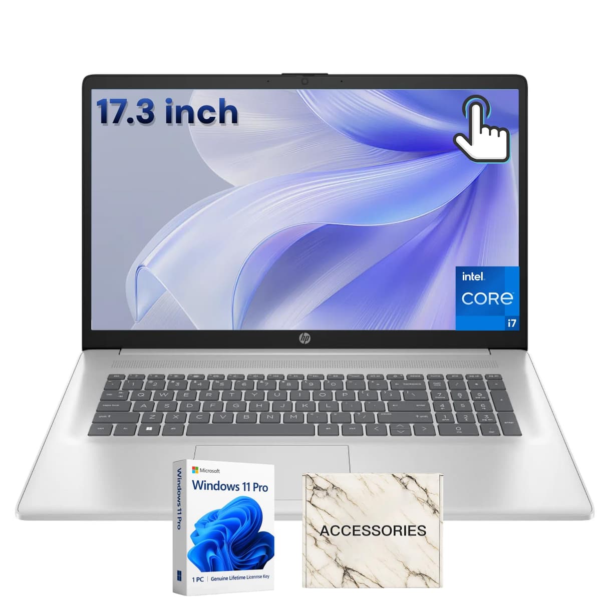 HP Laptop Empresarial 17 - Pantalla táctil HD+ de 17.3 pulgadas • Intel i7-1355U de 10 núcleos • 64 GB RAM • SSD 4 TB • Windows 11 Pro • Wi-Fi 6 • Bluetooth 5.3 • Cámara HD 720p • Plateado • Con accesorios 17t-CN300