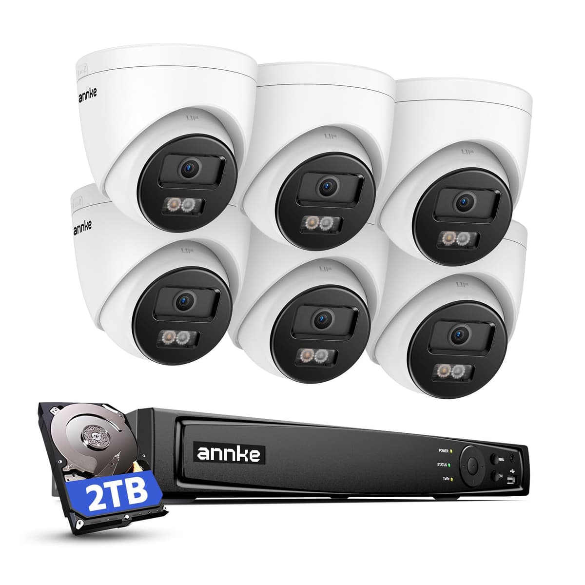 Sistema de Cámaras de Seguridad ANNKE 4K PoE, NVR de 8 canales 12MP H.265+ con HDD de 2TB grado vigilancia, 6 cámaras IP de 8MP, visión nocturna en color con reflector, RTSP, impermeable IP67 N98PBK-91DM