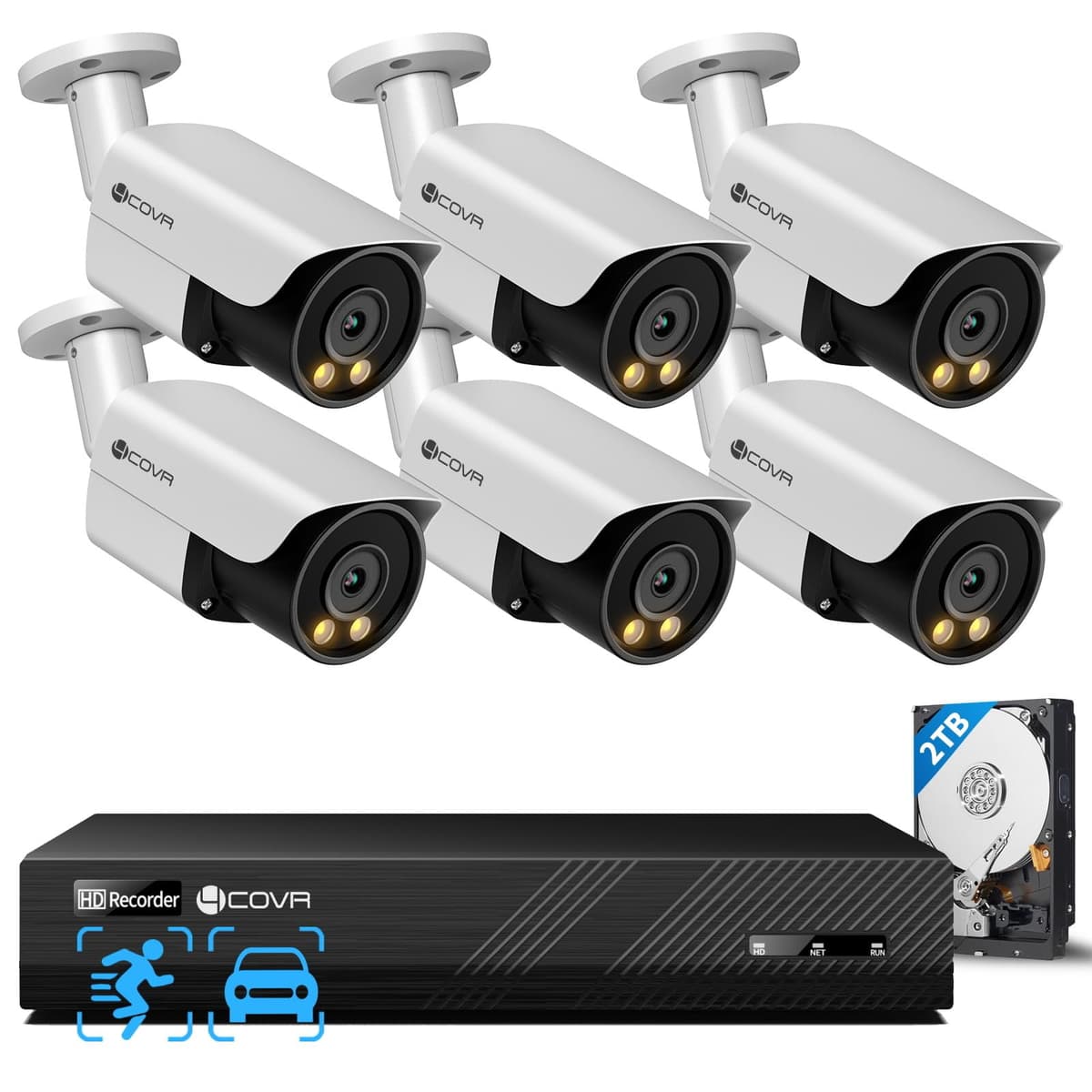 Forcovr Sistema de Cámaras de Seguridad PoE 4COVR, Audio Bidireccional y Visión Nocturna a Color Inteligente, 6 Cámaras Bullet PoE 8MP con Detección Inteligente de Personas/Vehículos IP67, NVR 4K de 8 Canales 2TB HDD, Grabación 24/7, LY37YX8M0806