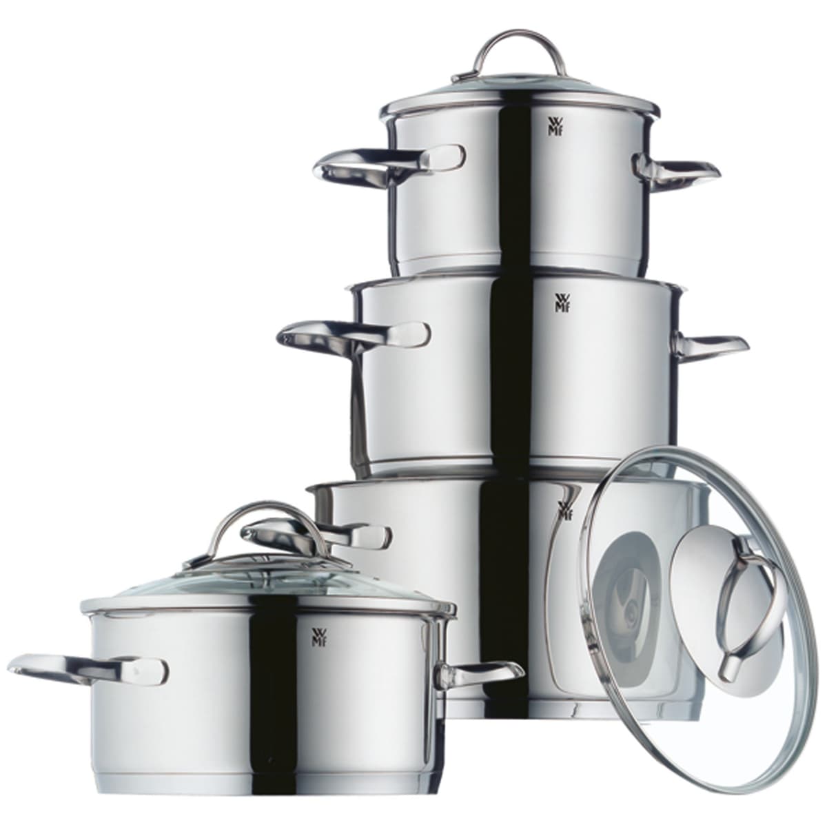 Juego de ollas WMF 4 piezas Provence Plus con borde vertedor, tapa de vidrio, Cromargan acero inoxidable pulido, apto para cocinas de inducción, lavavajillas seguro 720646380