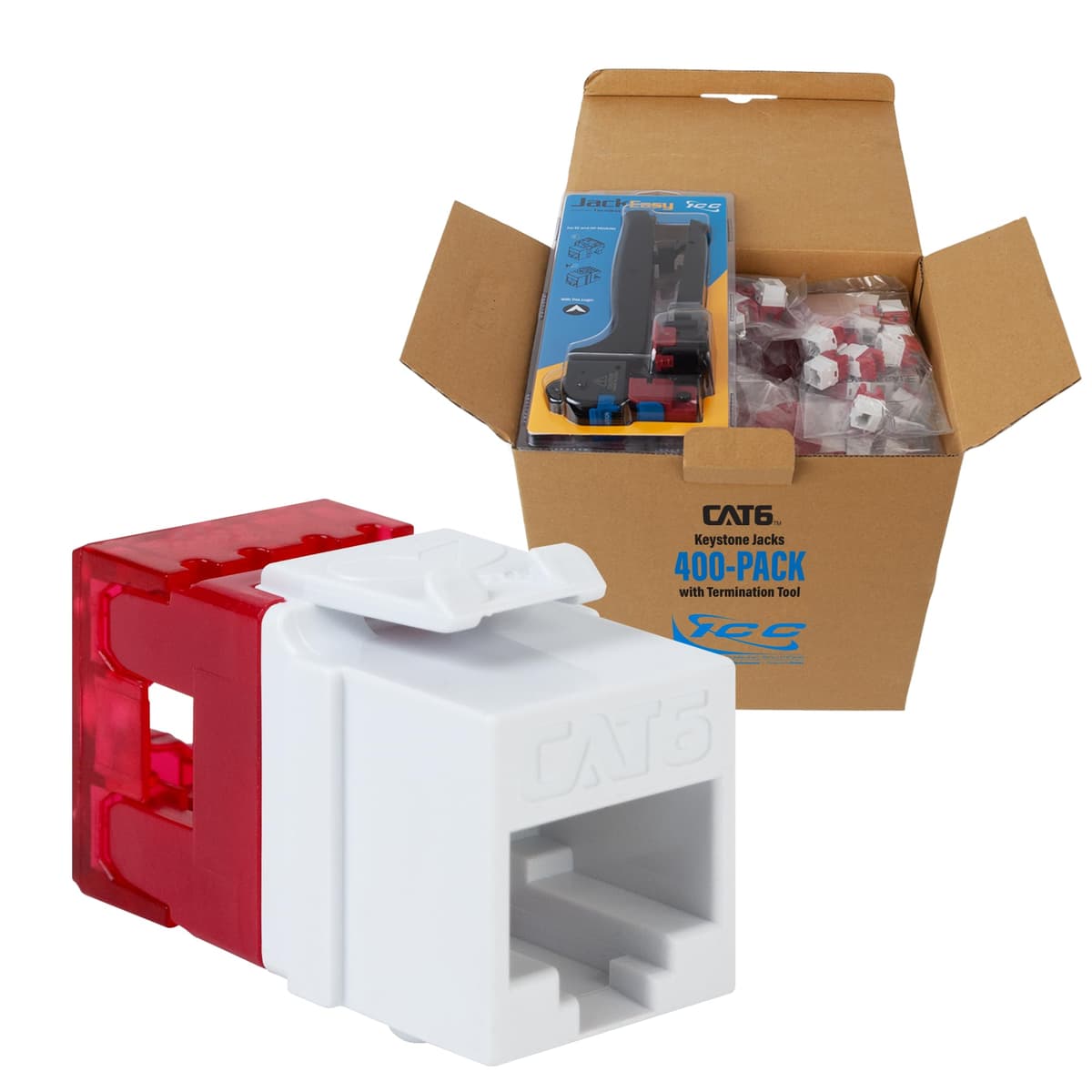 ICC CAT6 Keystone Jack Slim 180° Punch Down RJ45 PoE++ TAA Blanco 400-pack IC107F6VWH