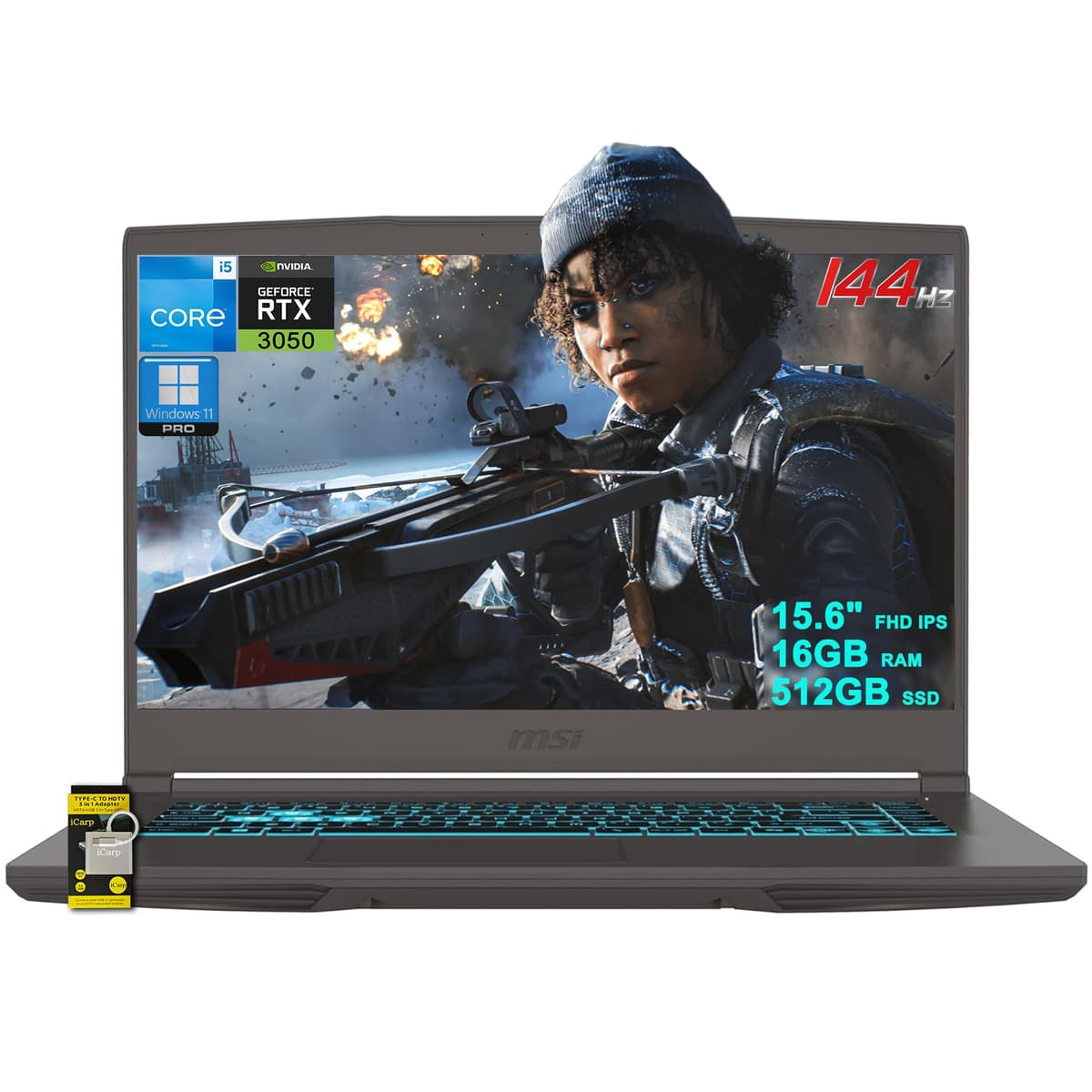 MSI Thin 15 Laptop Gamer 15.6" FHD IPS 144Hz Intel i5-13420H de 8 núcleos (Supera al i7-11800H) 16GB RAM 512GB SSD GeForce RTX 3050 Retroiluminado Type-C Win11 Pro ICP Hub