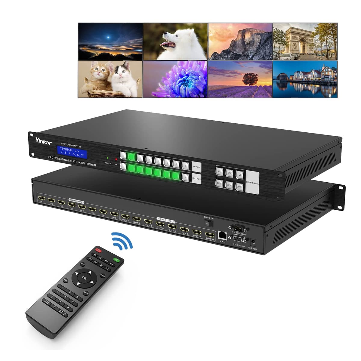 Matriz HDMI 8x8 4K con 【Interfaz Web】, Conmutador/Divisor HDMI Yinker 8 entradas 8 salidas Soporta 4K@30Hz, EDID, HDCP, IR, RS232, LAN, Montaje en Rack HD0808-W