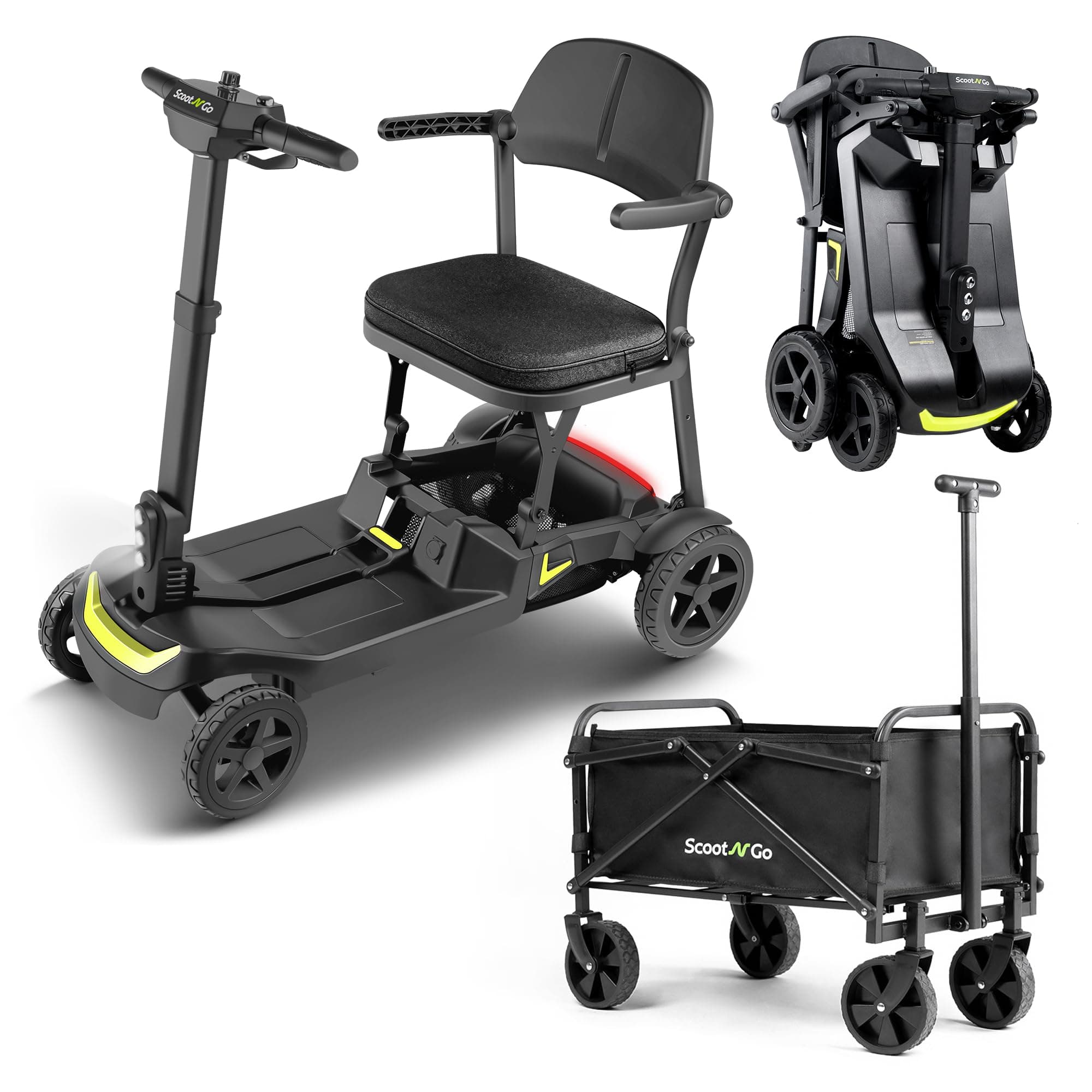 SCOOTNGO Scooter de Movilidad para Adultos Mayores - 4 ruedas, Plegable, Ligero, Aprobado por aerolíneas, Baterías dobles extraíbles (Black Yellow) con remolque plegable Lite