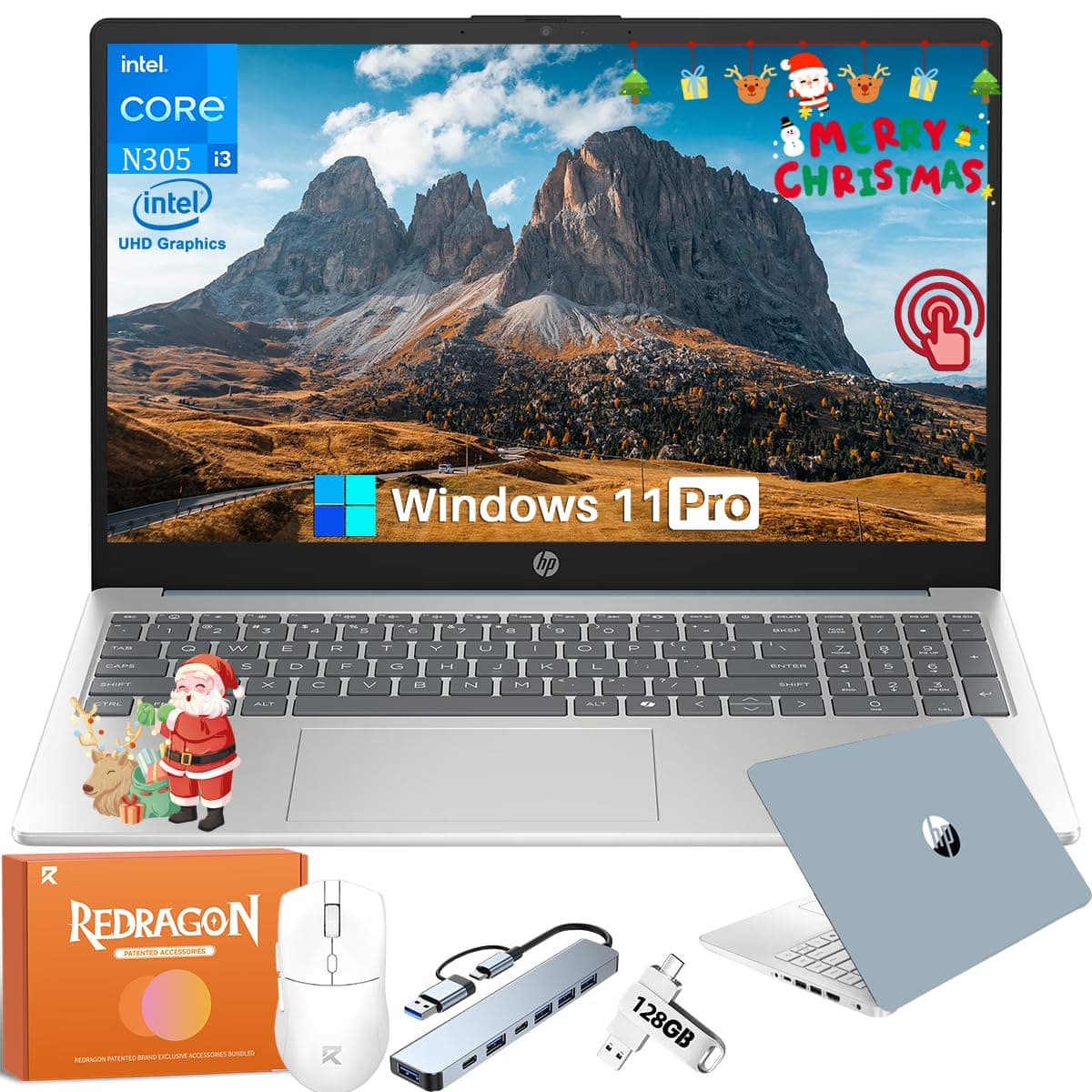 HP 2025 Pantalla táctil, Intel Core i3-N305, pantalla LED antirreflejo de 15.6", 32 GB de RAM | 1 TB SSD, HDMI, teclado numérico, cámara web, Wi-Fi 6, Windows 11 Pro con Copilot AI, azul, con accesorios 15-fd0130wm