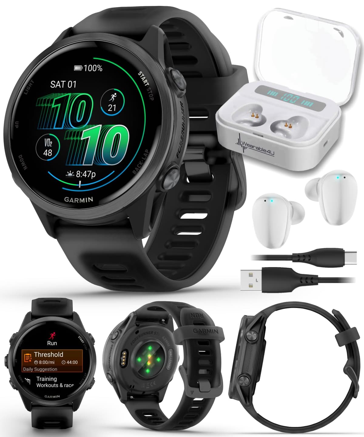 Garmin Forerunner 570 42 mm Reloj Inteligente Avanzado para Correr y Triatlón con GPS Pantalla AMOLED Funciones de Entrenamiento y Recuperación Aluminio Gris Pizarra con Banda Translúcida Negro/Negro y Auriculares Wearable4U Blancos Incluidos TWS X7-1