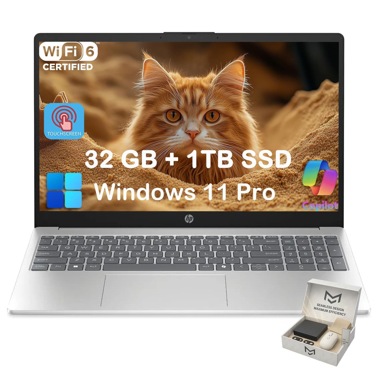 HP Laptop táctil de 15.6" para negocios y estudiantes, Intel Core i3 de 13ª generación (hasta 4.5 GHz), pantalla HD táctil, 32 GB RAM, SSD de 1 TB, Copilot de IA, Windows 11 Pro, con accesorios HP Touchscreen Laptop Computer