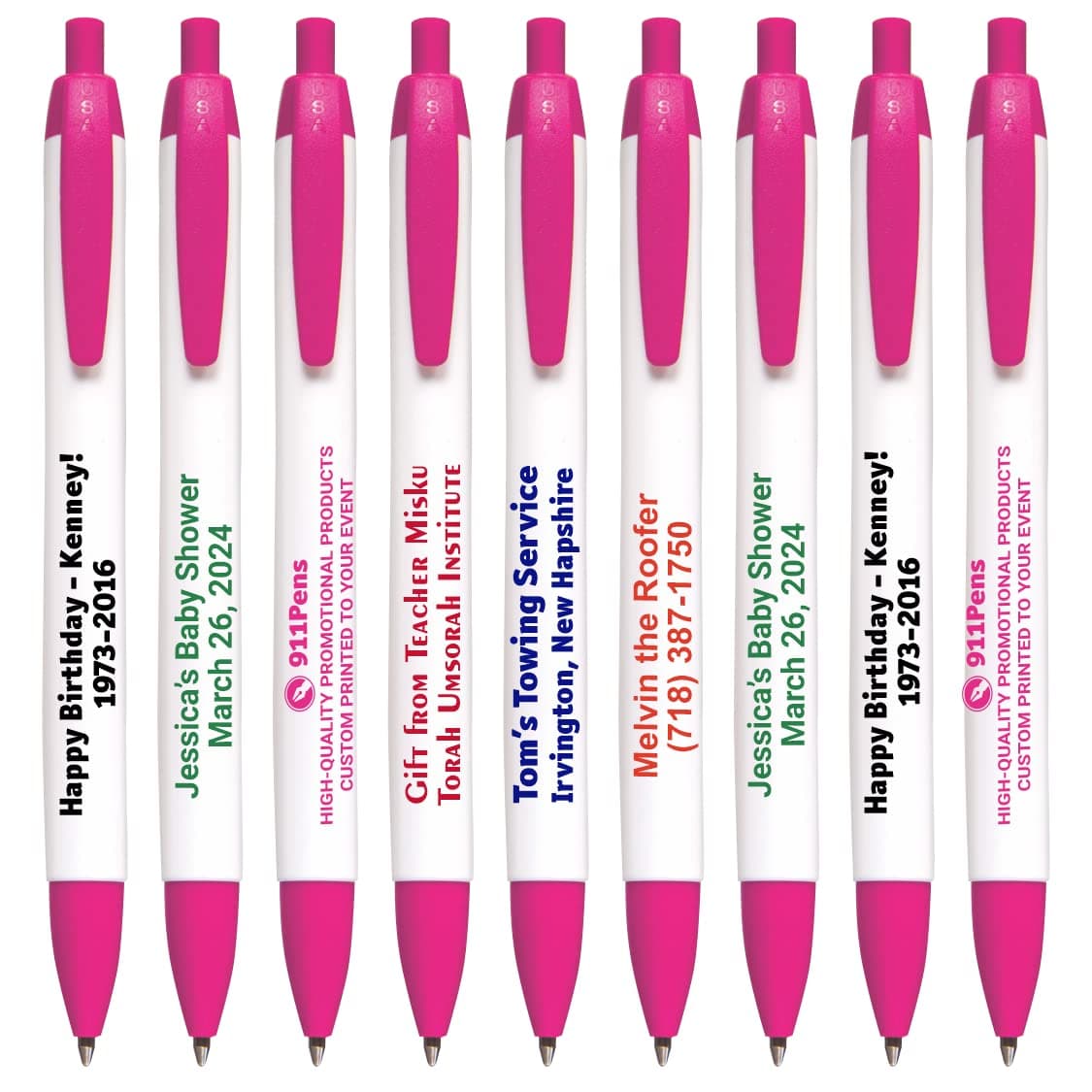 911 Pens 1000 unidades bolígrafos personalizados clic, barril ancho blanco con detalle rosa, impresión de logo personalizable 125W-1000-Pink