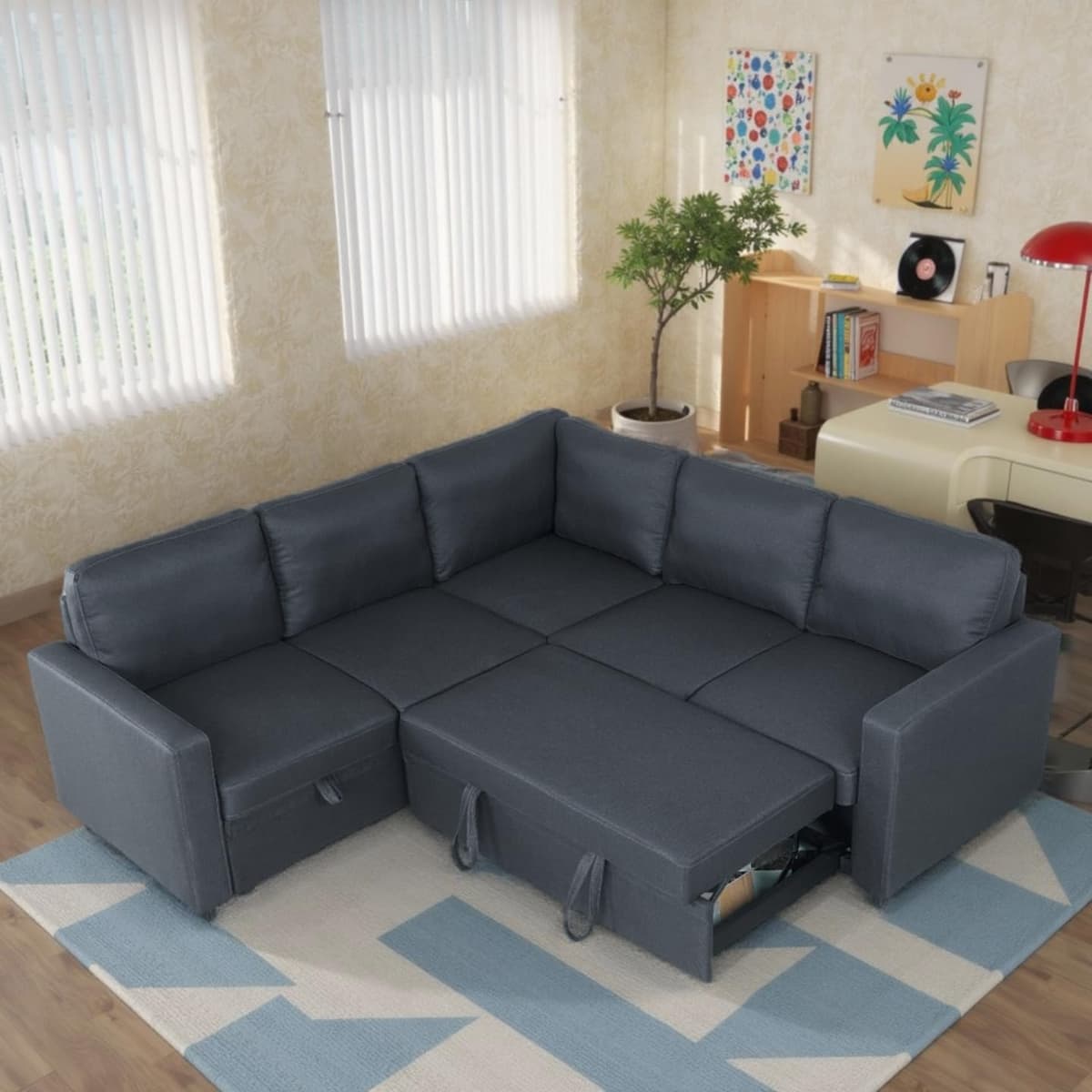 Sofá cama modular FONTOI L en lino gris oscuro con cama desplegable y asiento con almacenamiento DDP-JHF-FF1016