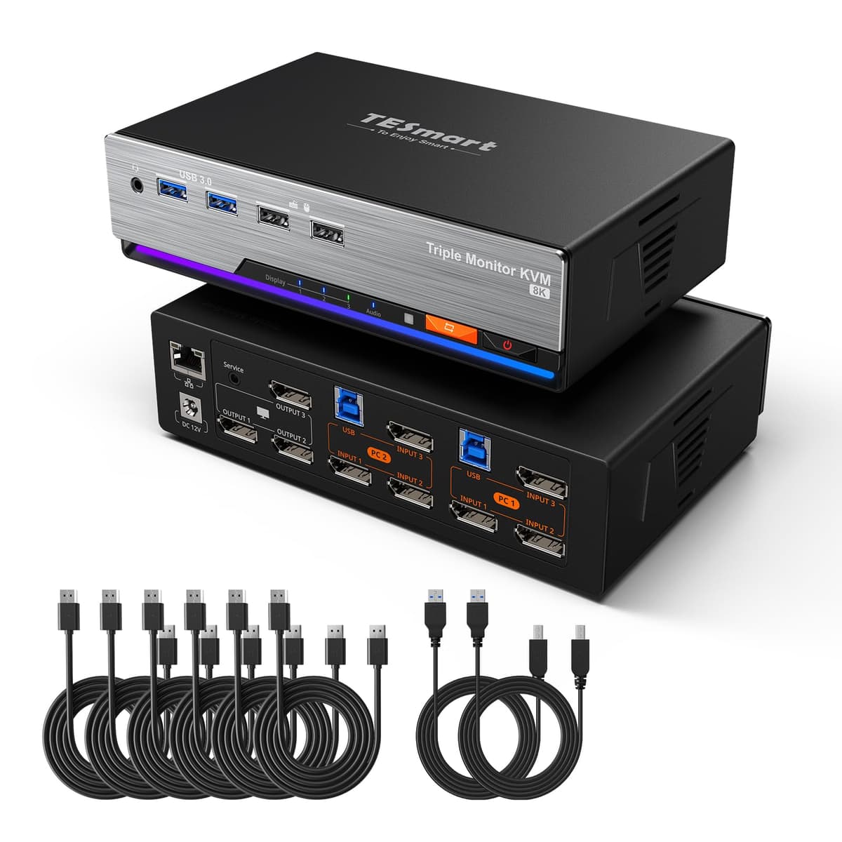 TESmart KVM DisplayPort 8K@60Hz para 3 monitores y 2 computadoras, USB 3.0, DP 1.4, soporte EDID, Ethernet 1G, conmutador por teclas, 4K@144Hz y 2K@144Hz para juegos y oficina en casa DKS203-M24-USBK-V1