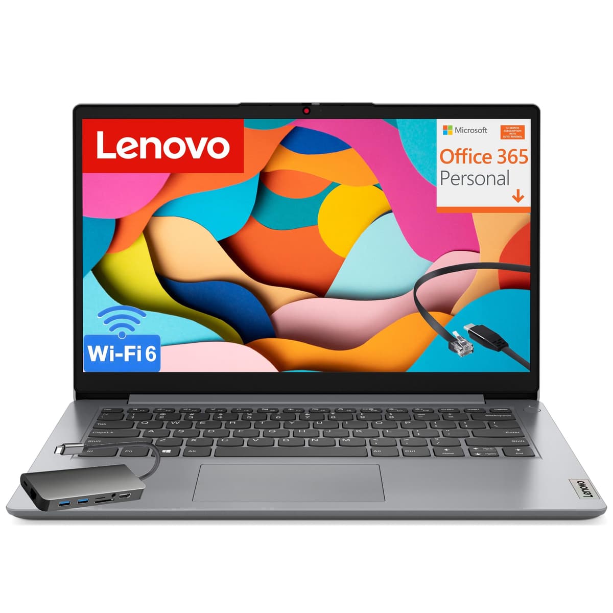 Lenovo IdeaPad para Estudiantes, Office 365 por 1 Año, CPU Intel de Alto Rendimiento, 8 GB RAM, 384 GB Almacenamiento (128 GB eMMC + 256 GB SSD), Lector de Tarjetas SD, WiFi 6, Windows 11 S, Hub 8 en 1, Cable Tipo C a RJ45 IdeaPad 1 14