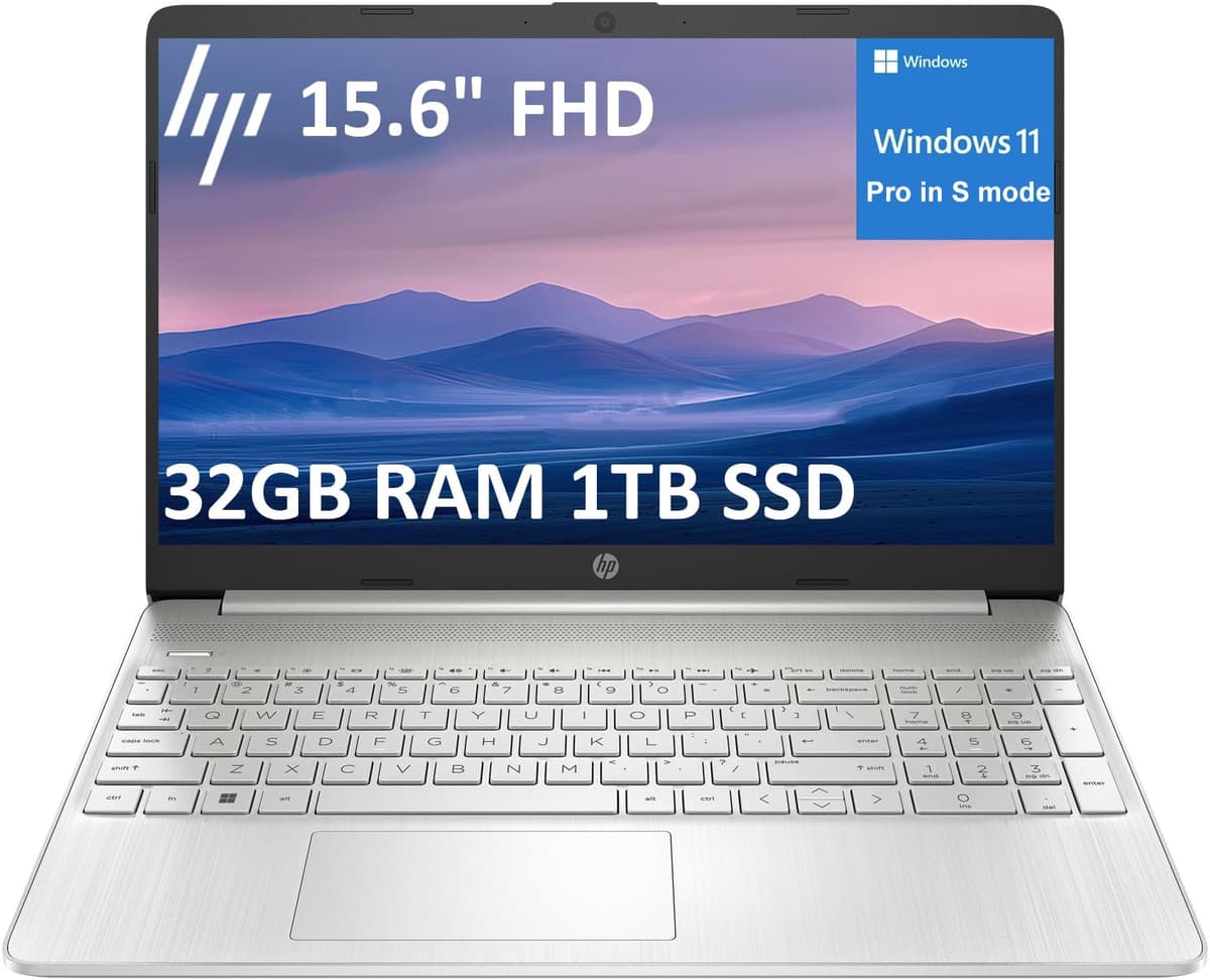 ist computers HP 15 Laptop para Negocios y Estudiantes (15.6" FHD, Intel i3-1215U de 6 núcleos, 32 GB RAM, 1 TB SSD), Biseles Estrechos, Lector de Huellas, Batería de 10 h, Webcam, Teclado Numérico, HDMI, Windows 11 Pro en Modo S Laptop 15