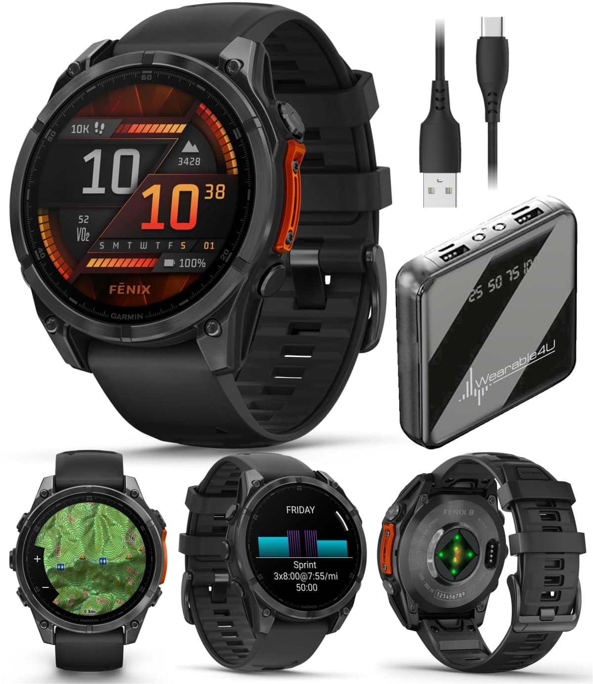 Wearable4U Garmin Fenix 8 - 47 mm, reloj inteligente multideporte GPS con pantalla AMOLED, gris pizarra con correa de silicona negra, linterna LED integrada, control por voz, paquete con banco de energía
