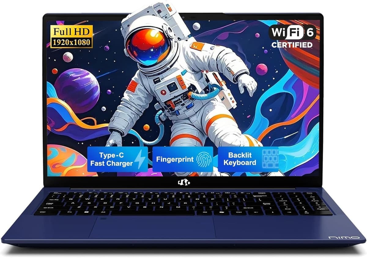 NIMO Laptop 15.6" FHD, Intel Pentium N150 16GB RAM 1TB SSD (Mejor que i3-1115G4, 4 núcleos hasta 3.6GHz), Laptop con teclado retroiluminado, carga GaN 65W Tipo-C, sensor de huellas, para hogar, estudiantes y negocios NIMO N157B