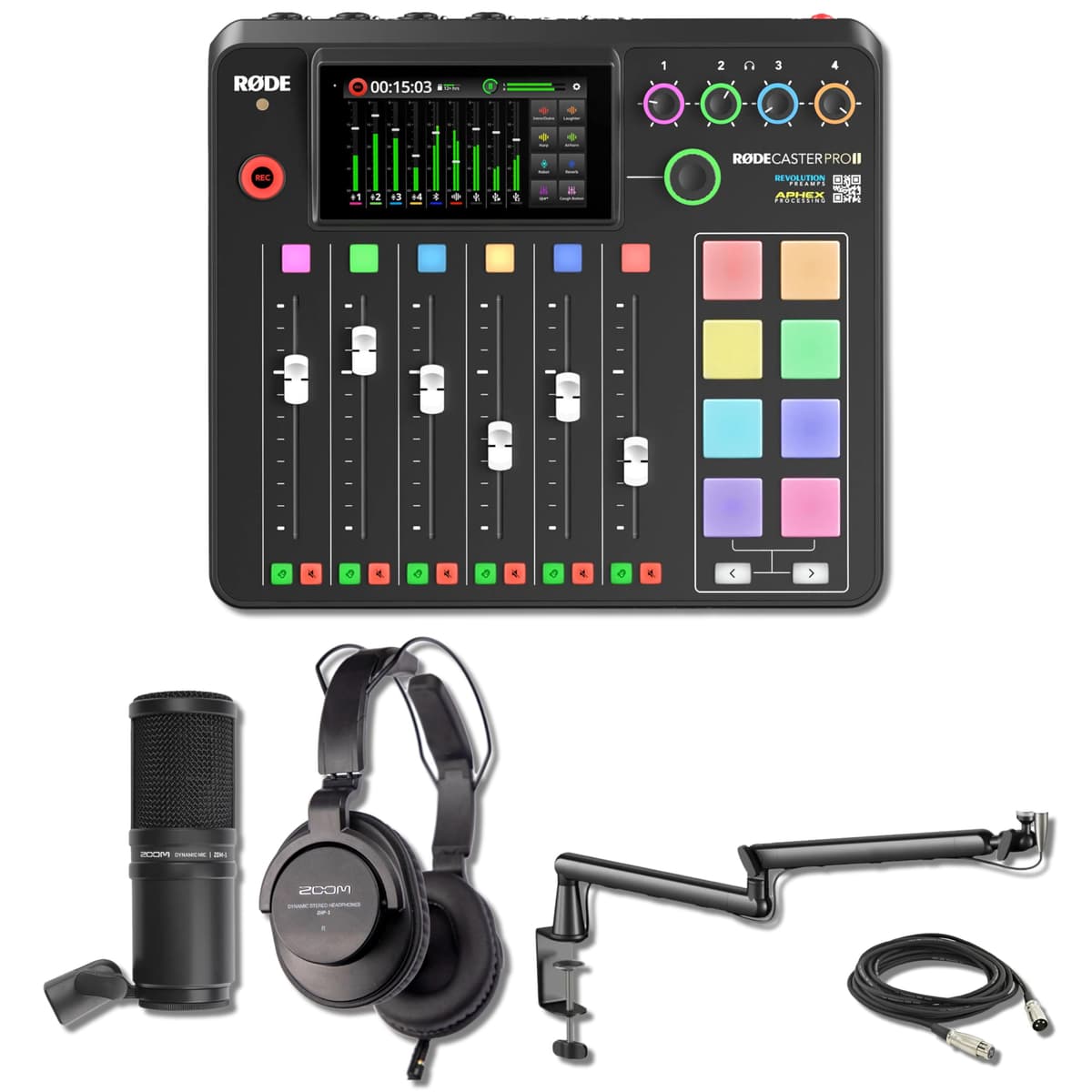 Rode RODECaster Pro II - Consola de producción para podcast con paquete Zoom ZDM-1 y brazo StreamEye LowPro Rodecaster Pro 2