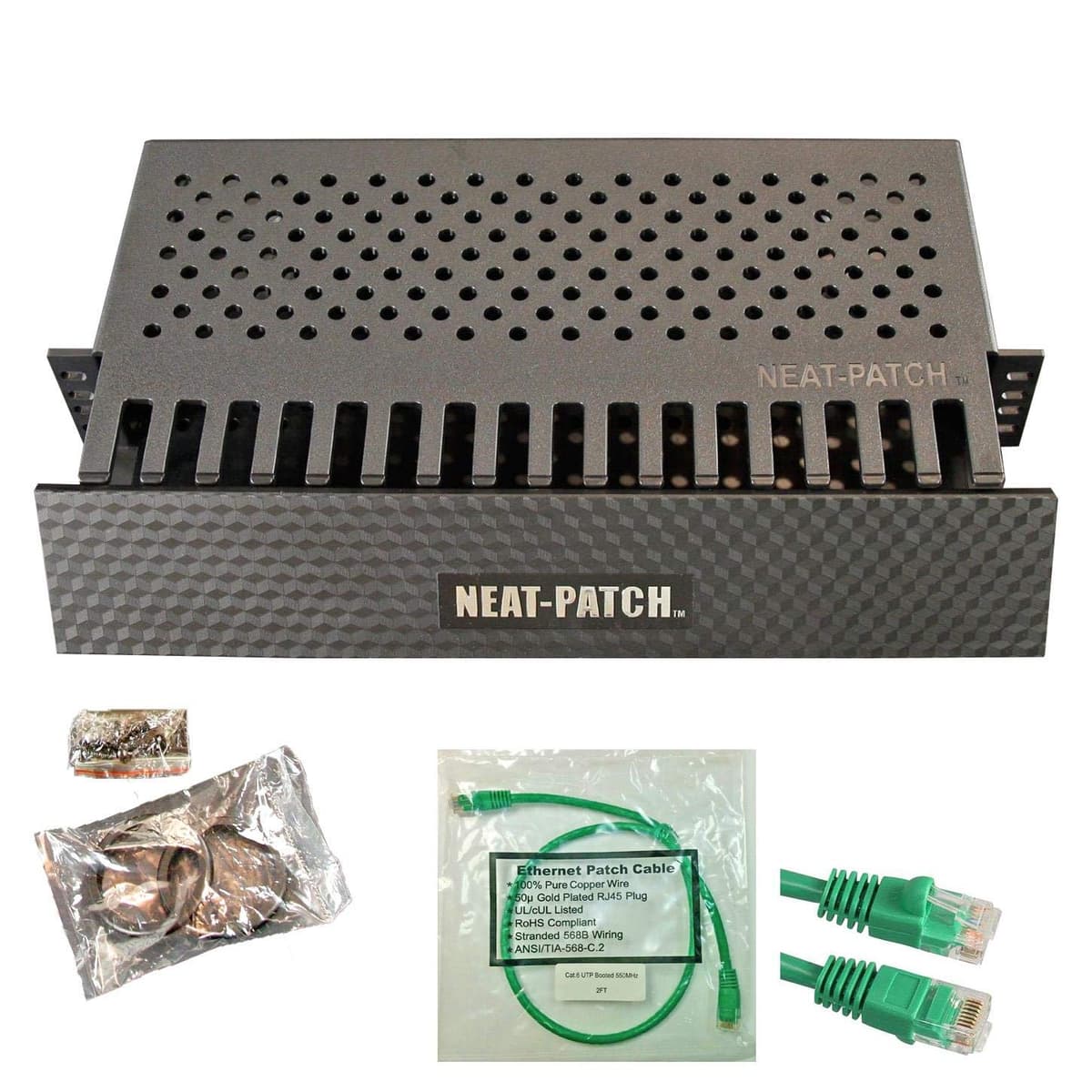 Kit de Gestión de Cables Neat Patch 2U - 3 Paquetes con 144 Cables Patch CAT6 (2FT Verde) NP2-3PK-144CAT6-GN