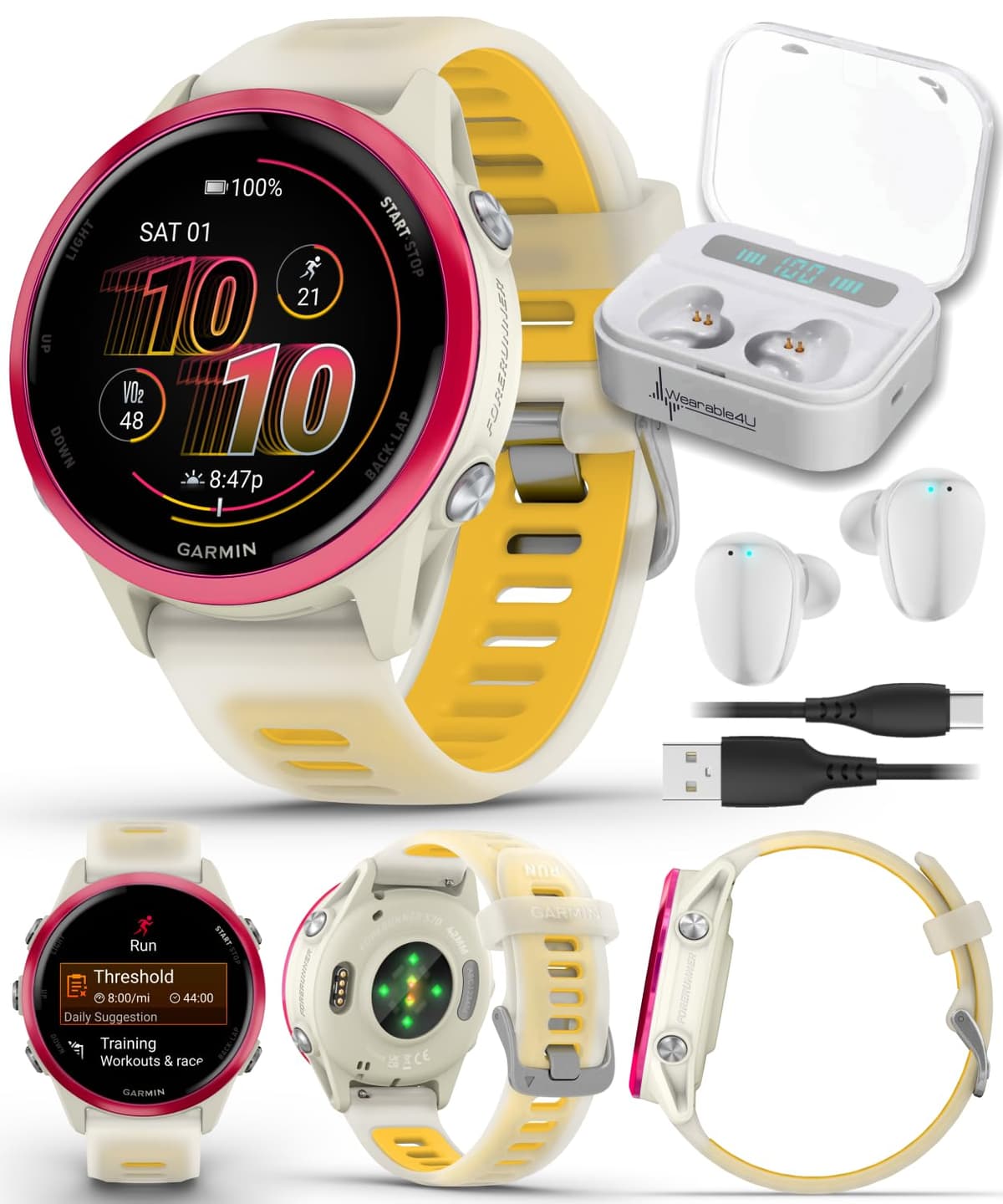 Garmin Forerunner 570 42 mm Reloj Inteligente Avanzado GPS para Correr y Triatlón Pantalla AMOLED Funciones de Entrenamiento y Recuperación, Aluminio Frambuesa con Correa Translúcida Hueso/Mango con Auriculares Wearable4U Blancos incluidos TWS X7-1