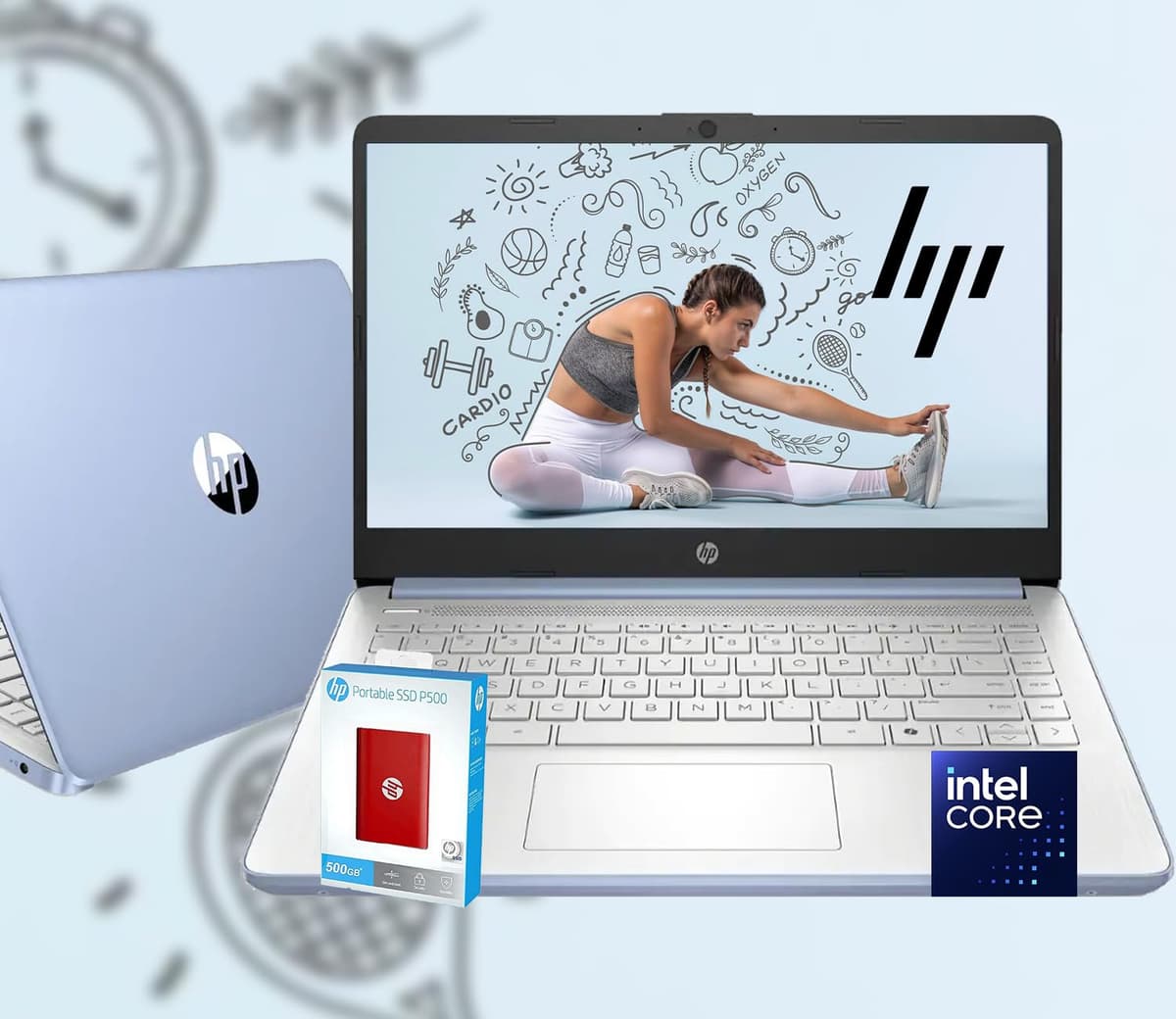 HP 14 Ultrabook • Intel N150 de 4 núcleos • Microsoft 365 • Copilot AI • 8 GB RAM • 1, 6 TB de almacenamiento (128 GB UFS con HP SSD portátil P500 de 512 GB + 1 TB en OneDrive) • Wi-Fi 6 • Batería 12 h • Azul cielo • Windows 11