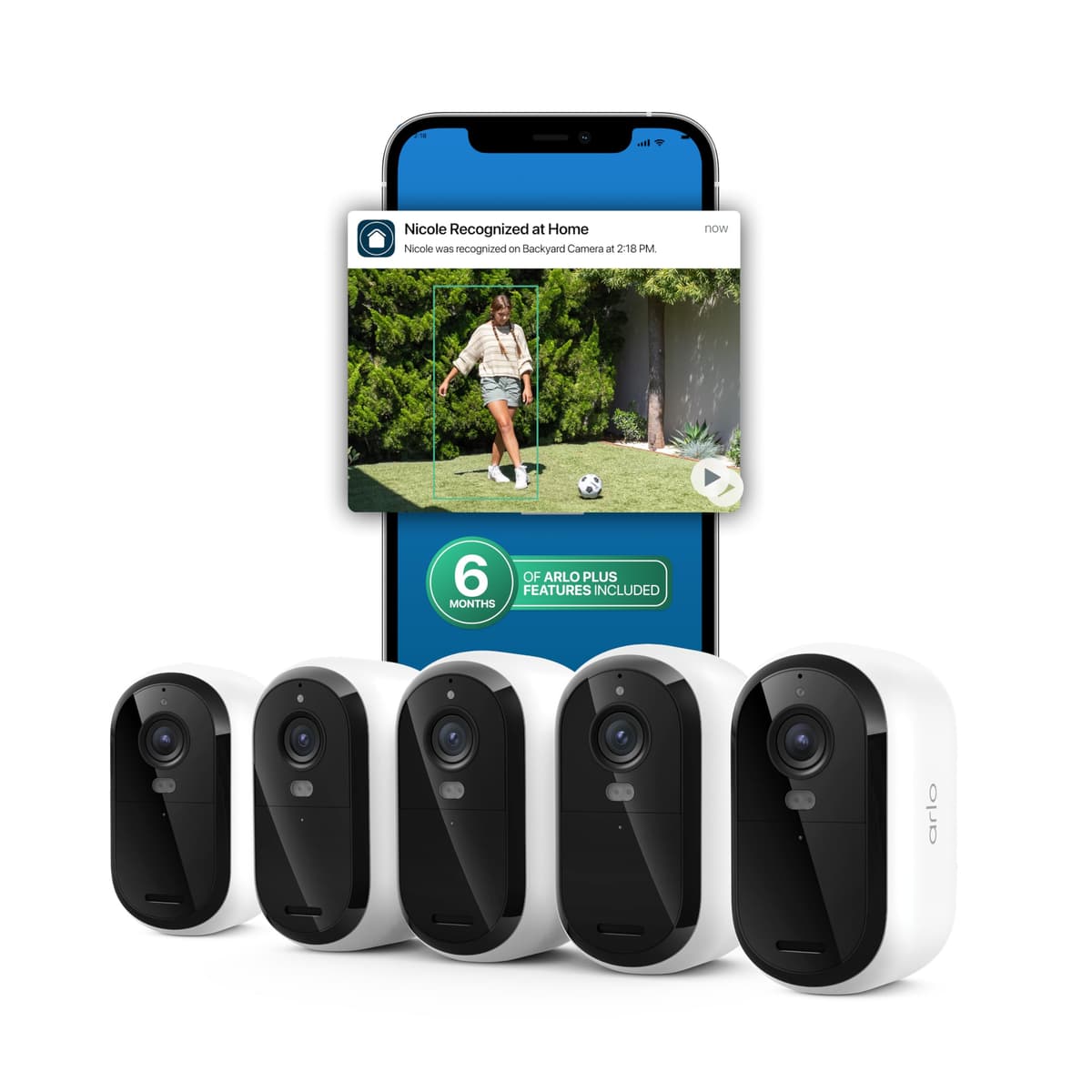 Cámara de Seguridad Arlo Essential 2K (3.ª Gen, Lanzamiento 2025) 5 Cámaras + 6 Meses del Plan Secure Plus - Cámara Exterior Inalámbrica, Batería, Reconocimiento de Personas, Detección de Paquetes, Vista Previa Animada, Blanco VMK3580L06-1AZNAS